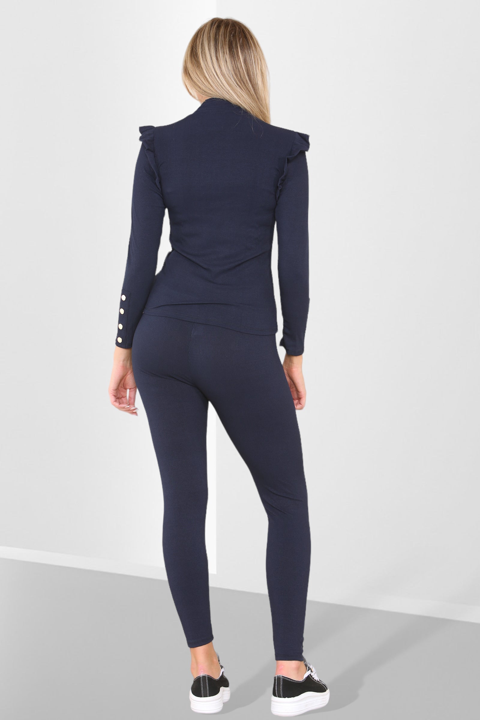 Side Buttons Frill Shoulder Side Neck Gold Button Detail Two Piece Loungewear Set Loungewear WearAll