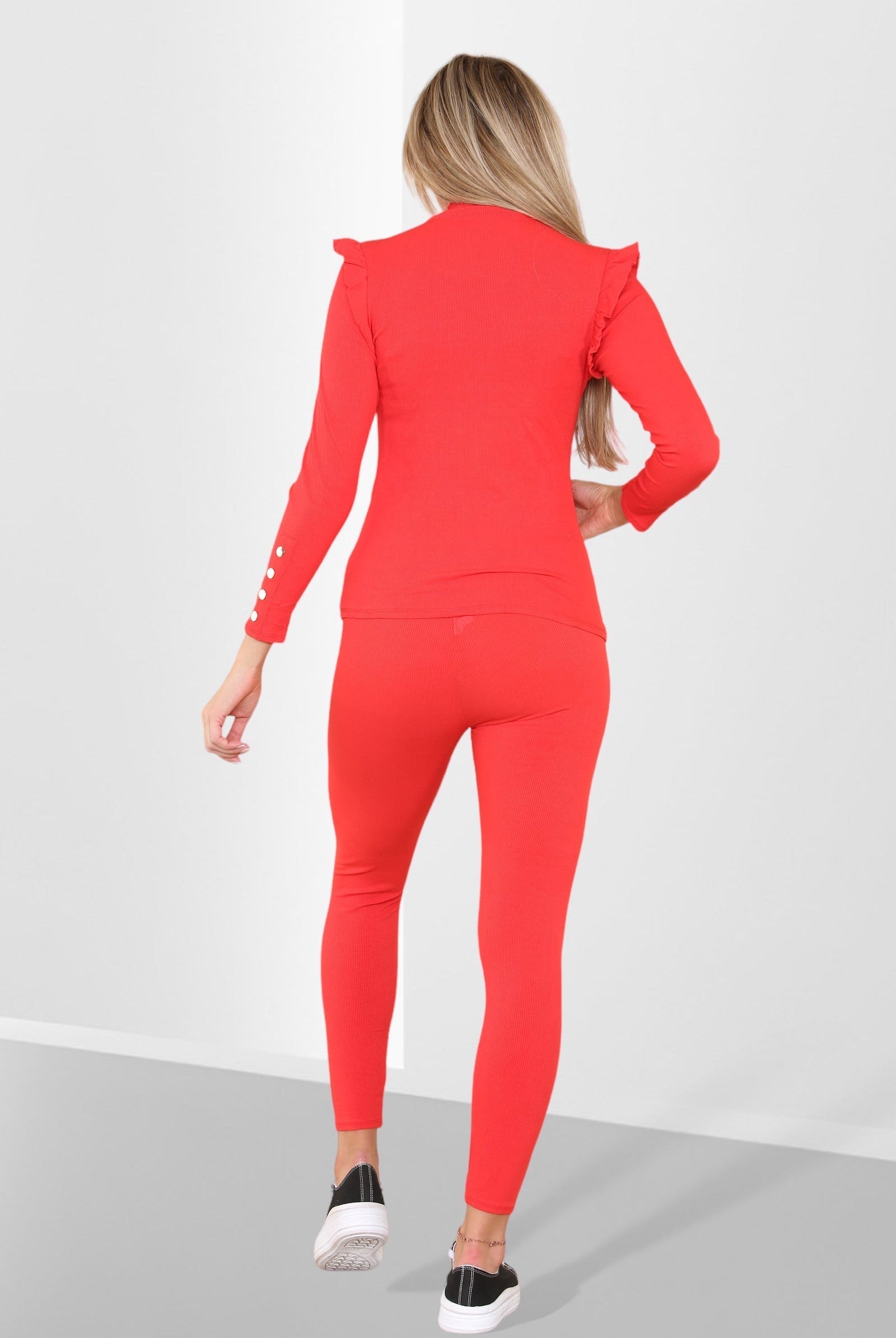 Side Buttons Frill Shoulder Side Neck Gold Button Detail Two Piece Loungewear Set Loungewear WearAll