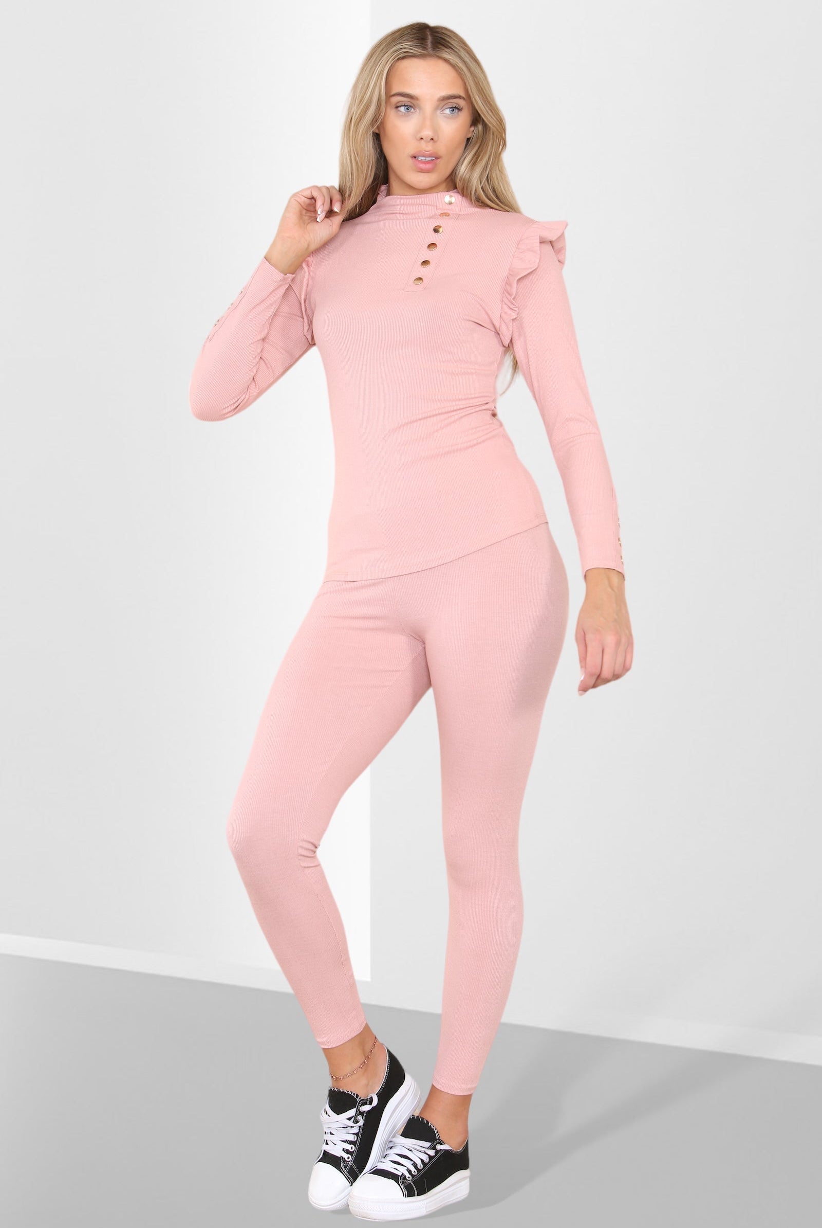 Side Buttons Frill Shoulder Side Neck Gold Button Detail Two Piece Loungewear Set Loungewear WearAll