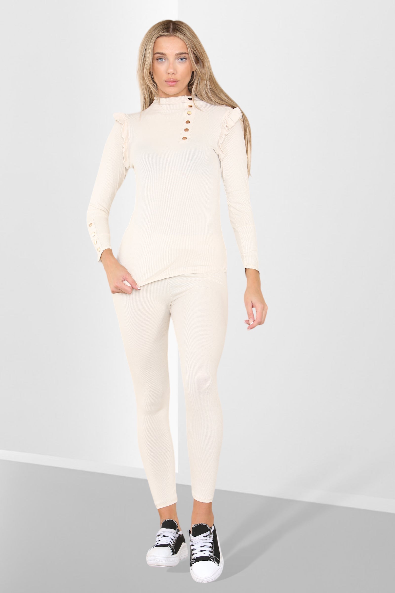 Side Buttons Frill Shoulder Side Neck Gold Button Detail Two Piece Loungewear Set Loungewear WearAll Beige 6-8