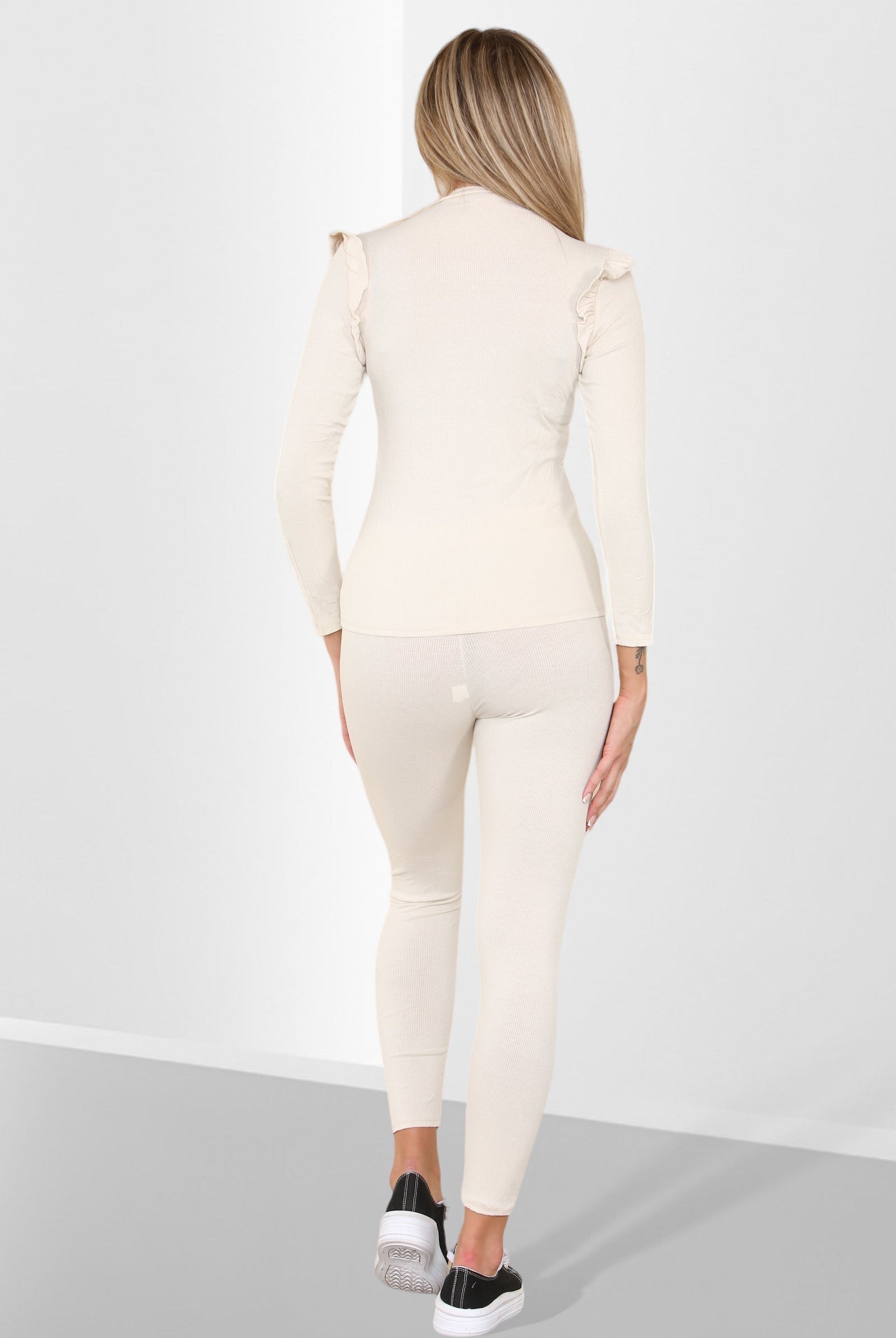 Side Buttons Frill Shoulder Side Neck Gold Button Detail Two Piece Loungewear Set Loungewear WearAll