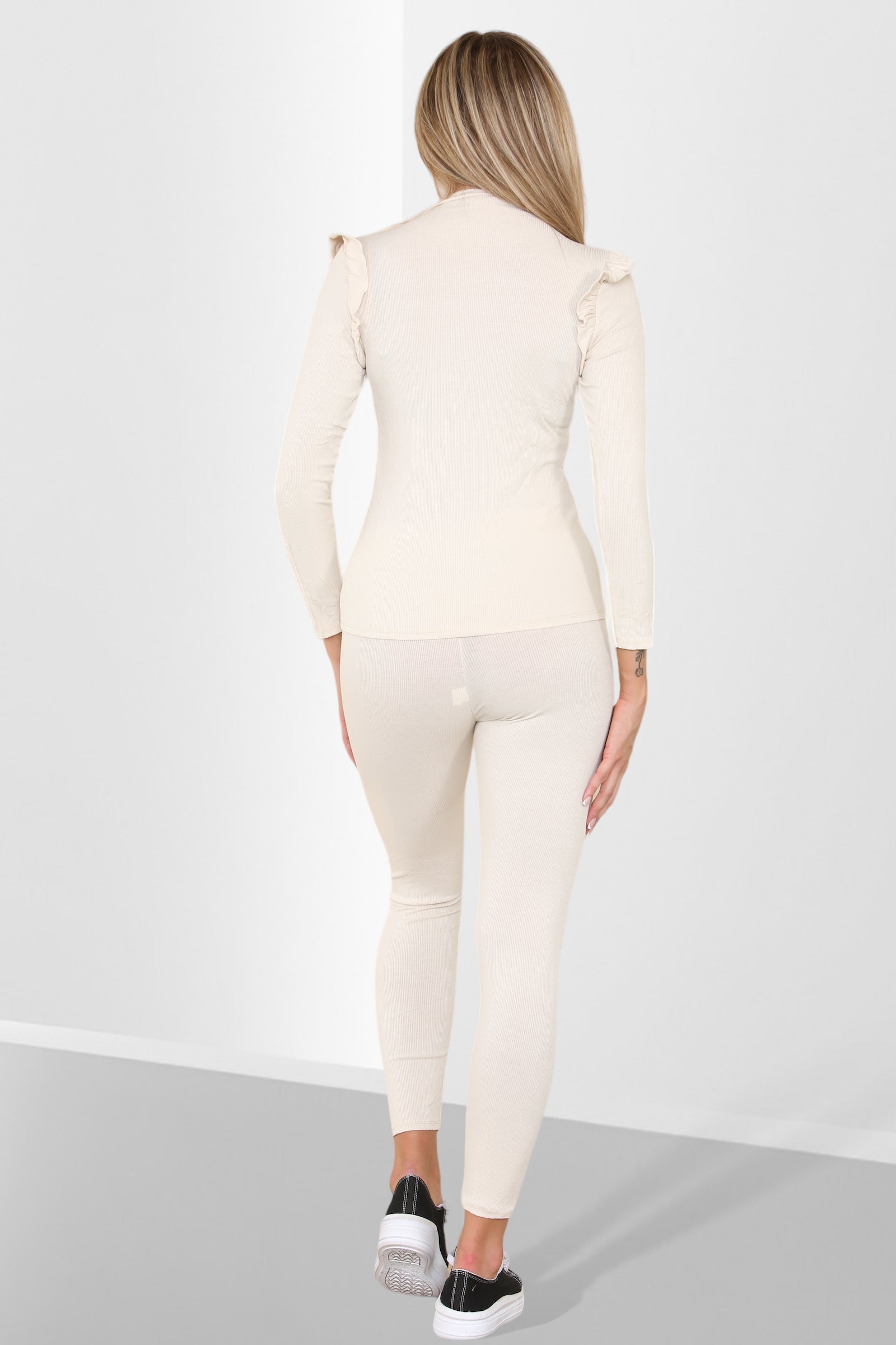 Side Buttons Frill Shoulder Side Neck Gold Button Detail Two Piece Loungewear Set Loungewear WearAll