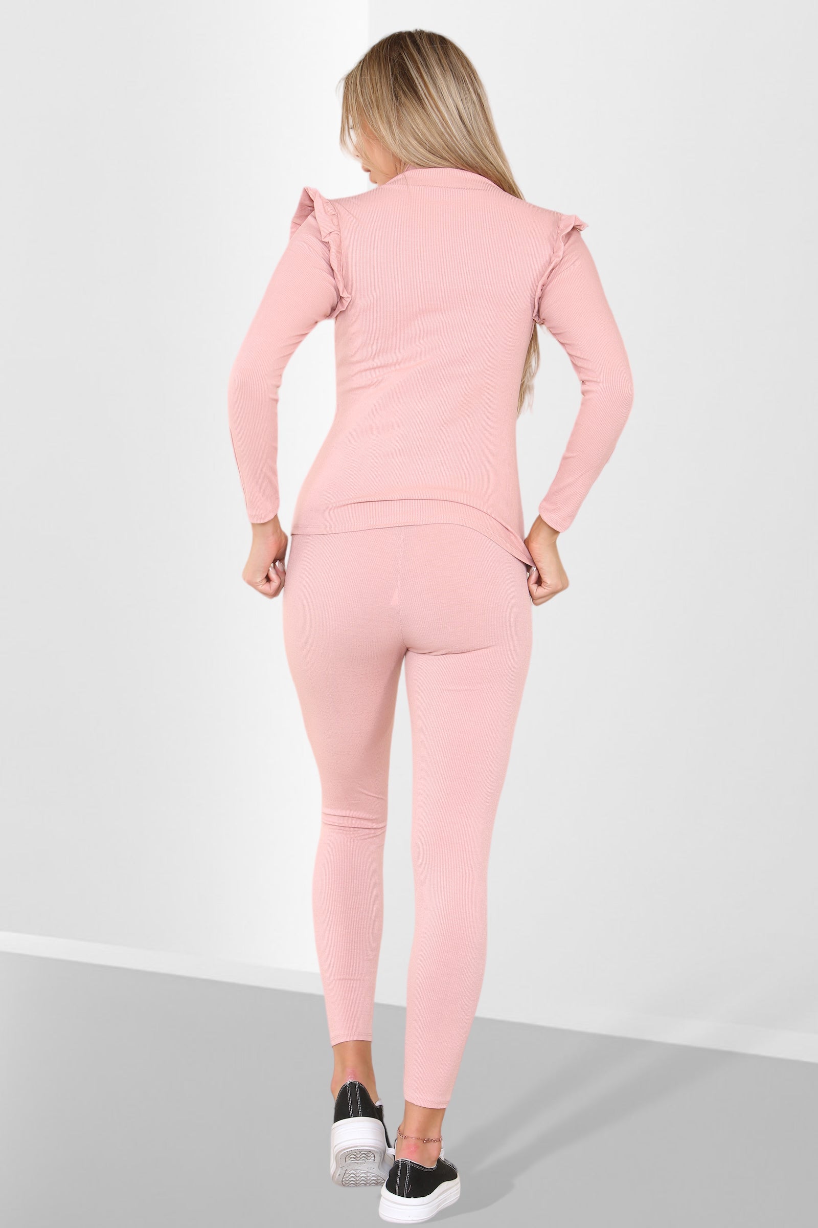 Side Buttons Frill Shoulder Side Neck Gold Button Detail Two Piece Loungewear Set Loungewear WearAll