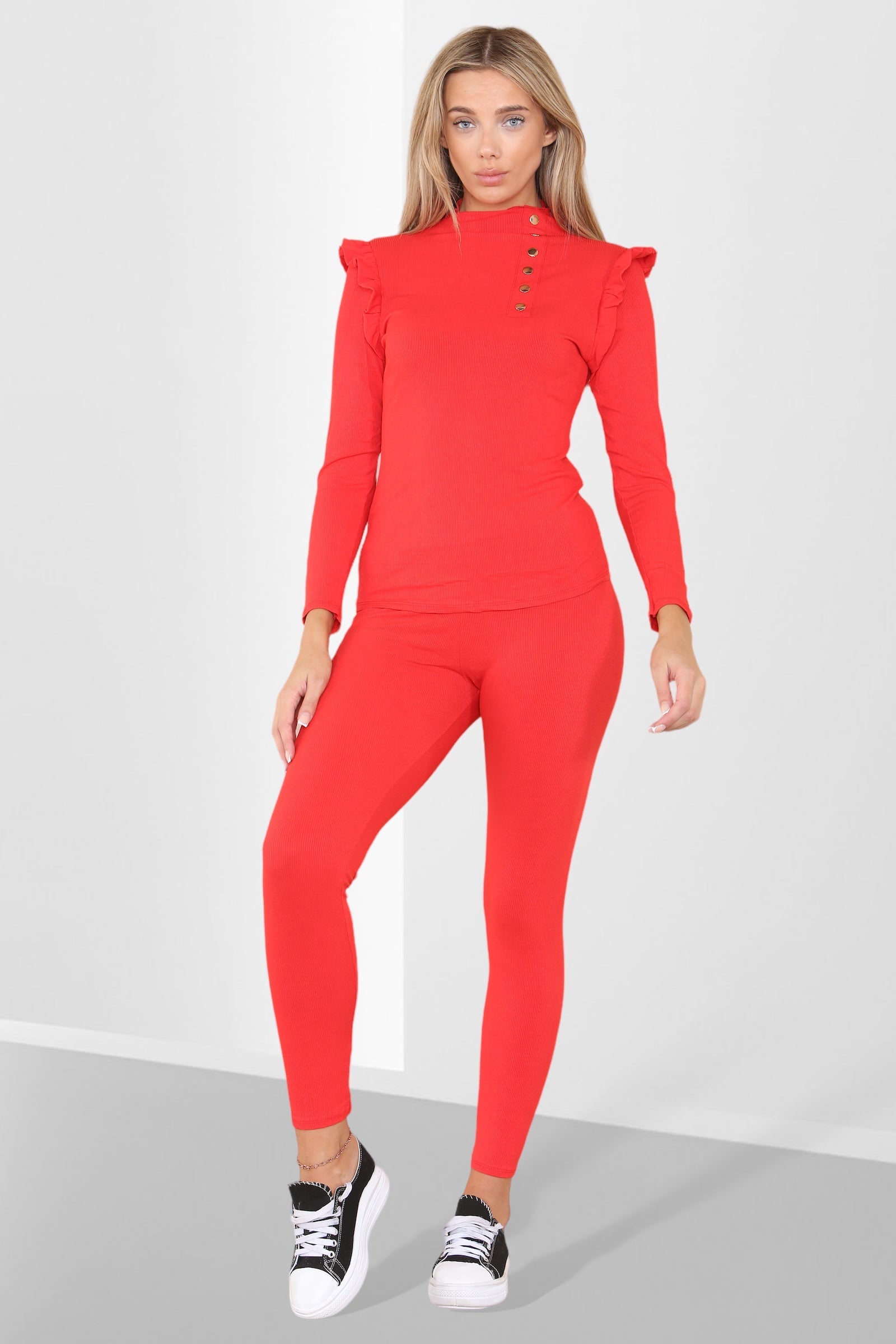 Side Buttons Frill Shoulder Side Neck Gold Button Detail Two Piece Loungewear Set Loungewear WearAll Red 6-8