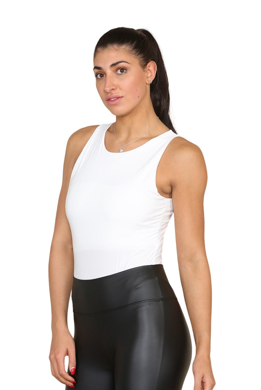 Slinky Racer Round Neck Double Layered Top Bodysuit Top & Bodysuit WearAll White 6-8