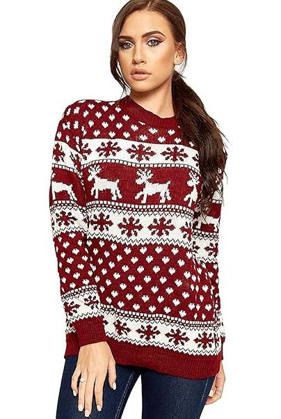 Merry Christmas Snowflake Jumper- Wine Black Navy Blue Grey Red Tops WearAll Snowflake Wine 8-10
