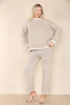 Loungewear Wavy Edge Round Neck Pullover & Wide Leg Pants Co-ord Loungewear WearAll Beige S