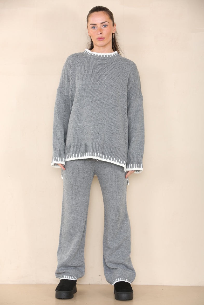 Loungewear Wavy Edge Round Neck Pullover & Wide Leg Pants Co-ord Loungewear WearAll Silver S