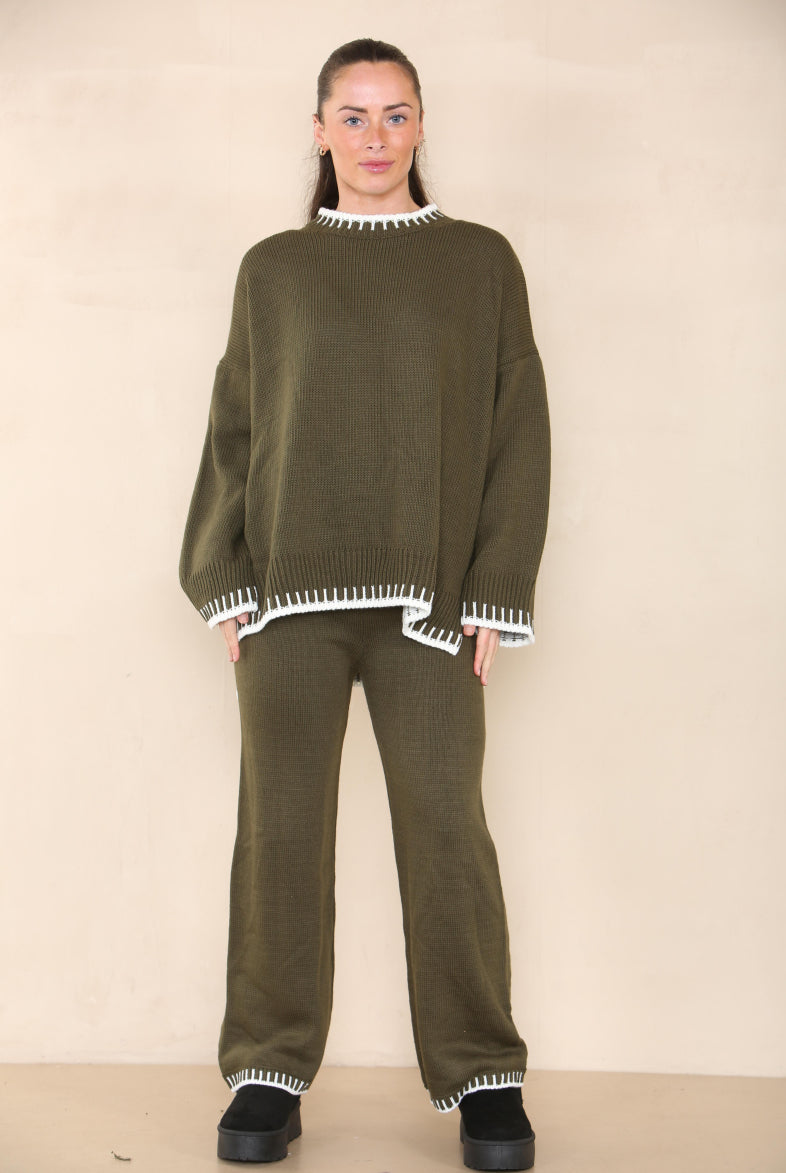 Loungewear Wavy Edge Round Neck Pullover & Wide Leg Pants Co-ord Loungewear WearAll Khaki S