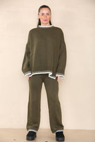 Loungewear Wavy Edge Round Neck Pullover & Wide Leg Pants Co-ord Loungewear WearAll Khaki S