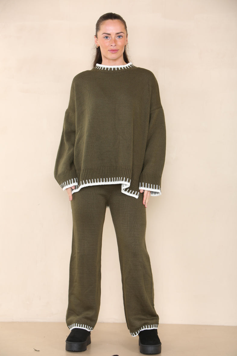 Loungewear Wavy Edge Round Neck Pullover & Wide Leg Pants Co-ord Loungewear WearAll Khaki S