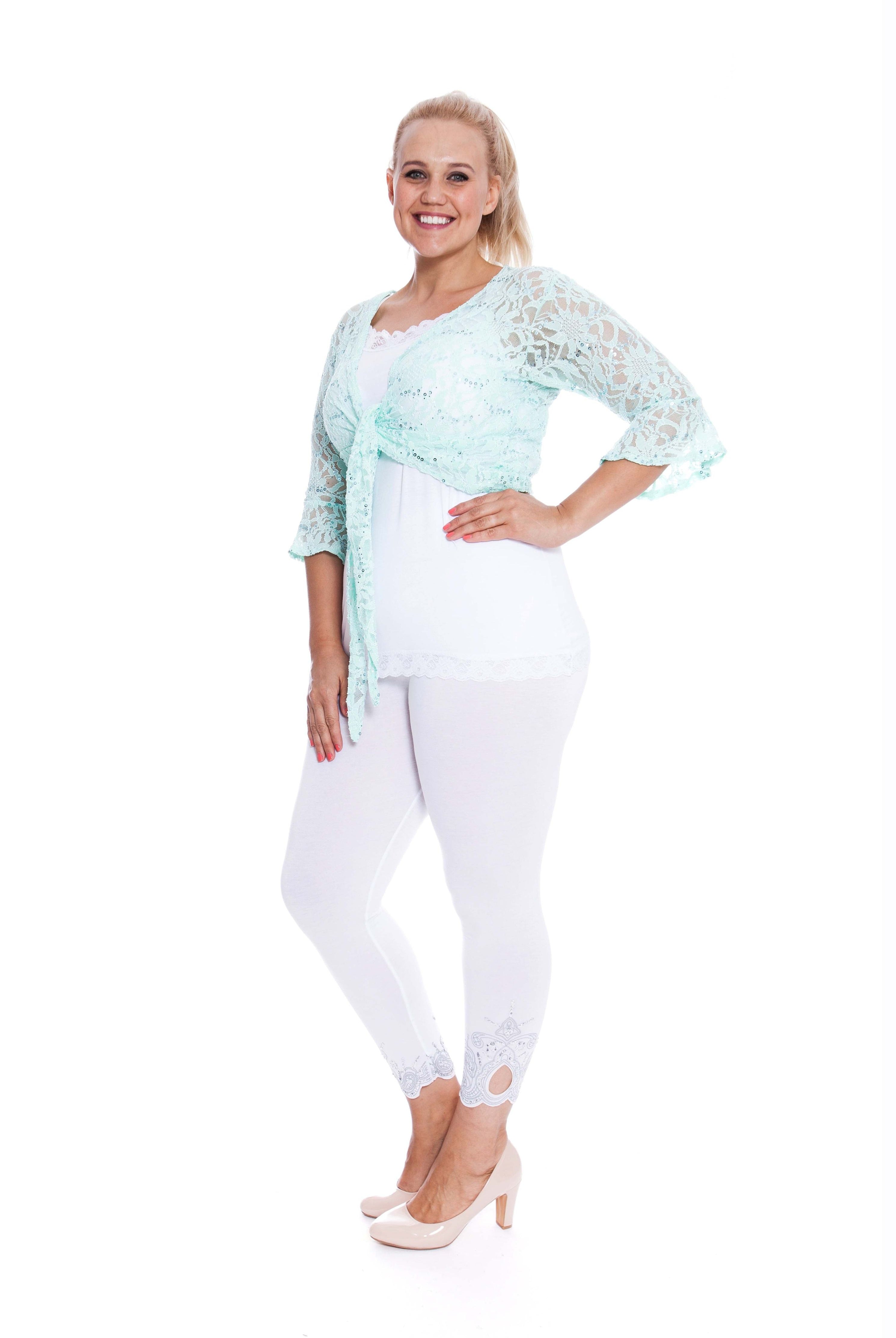 Plus SIze Sequin Lace Tie Up 3/4 Bell Crochet Top Tops WearAll