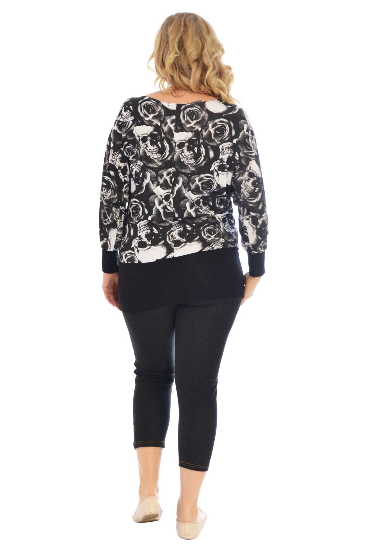 Skull Rose Print Batwing Top Tops WearAll