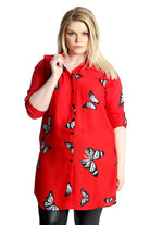 Butterfly Print Side Slit Curved Hem Top Tops WearAll Red 16