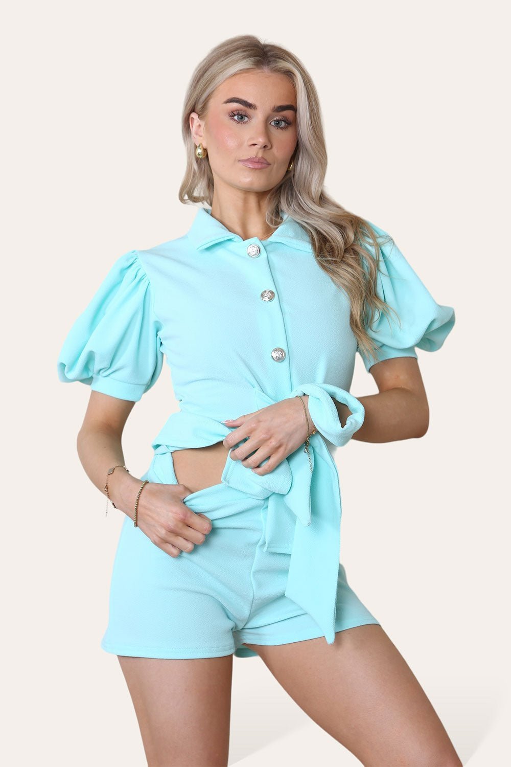 Tie Belt Button Shorts Set Loungewear WearAll Mint S/M