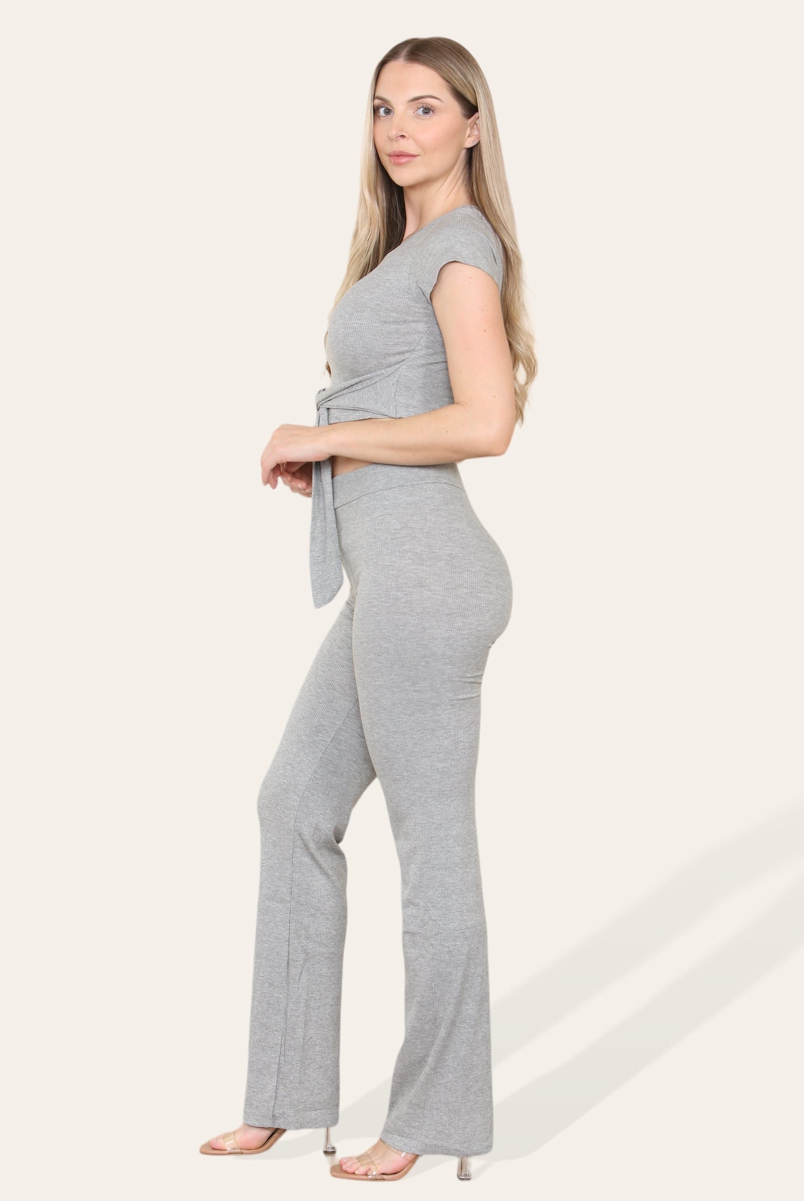 Tie Belt Front Cropped Loungewear Ribbed Trousers Set Loungewear WearAll
