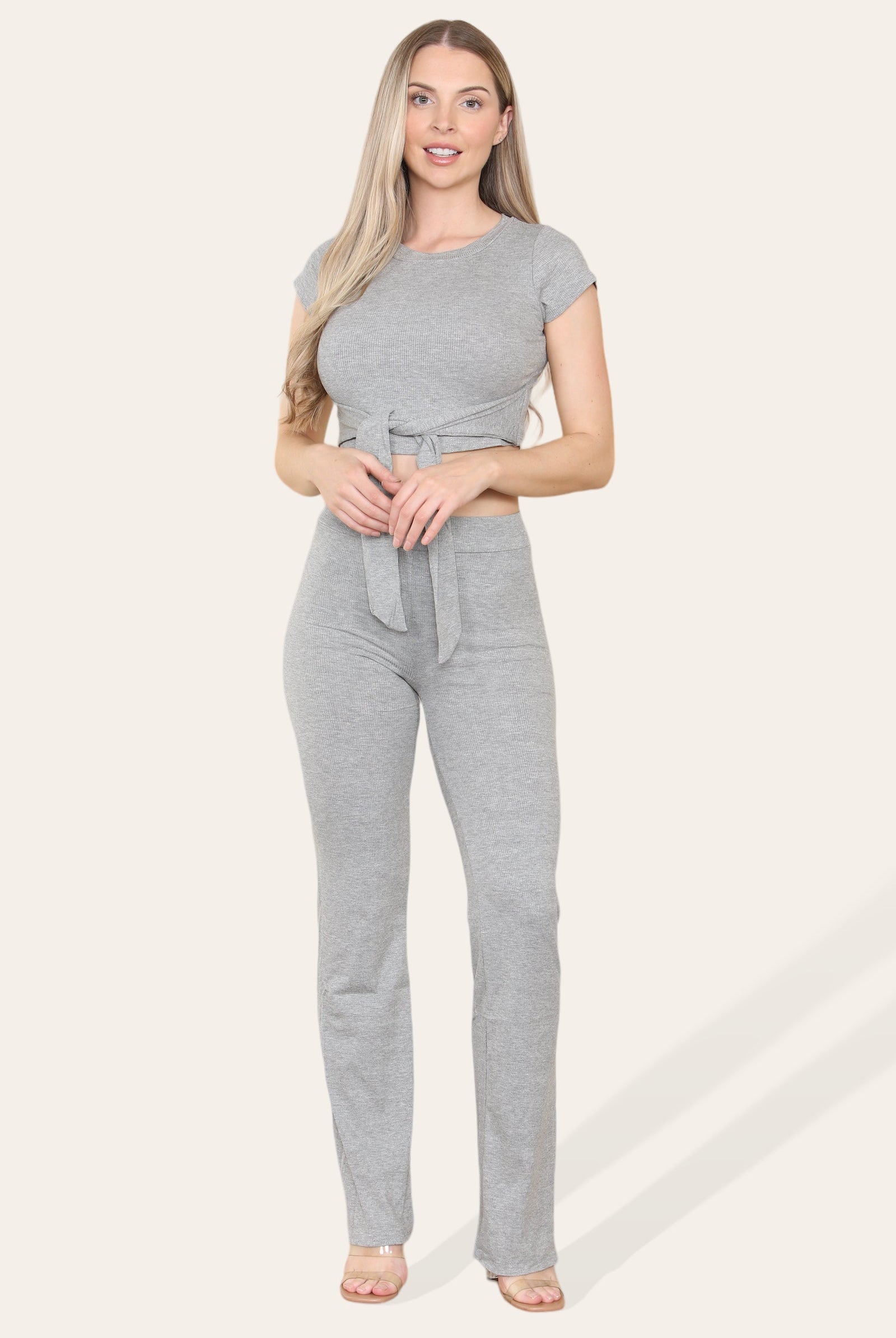 Tie Belt Front Cropped Loungewear Ribbed Trousers Set Loungewear WearAll