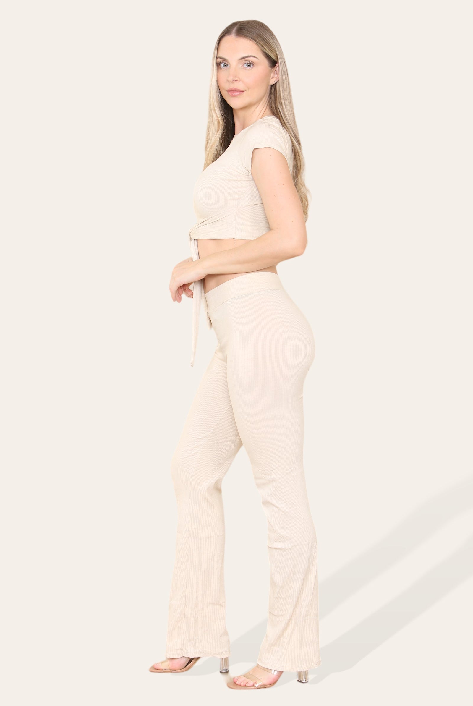 Tie Belt Front Cropped Loungewear Ribbed Trousers Set Loungewear WearAll