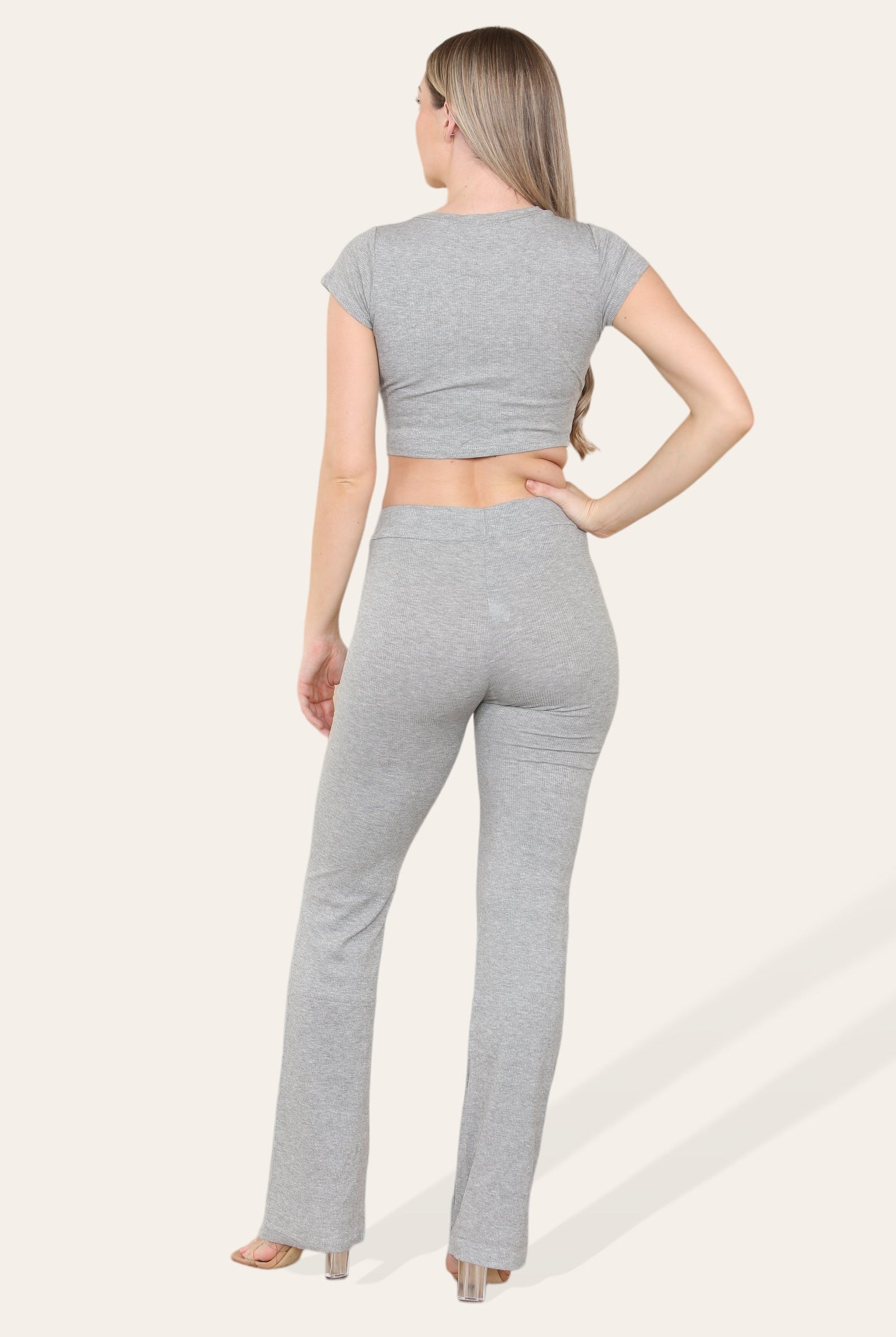 Tie Belt Front Cropped Loungewear Ribbed Trousers Set Loungewear WearAll