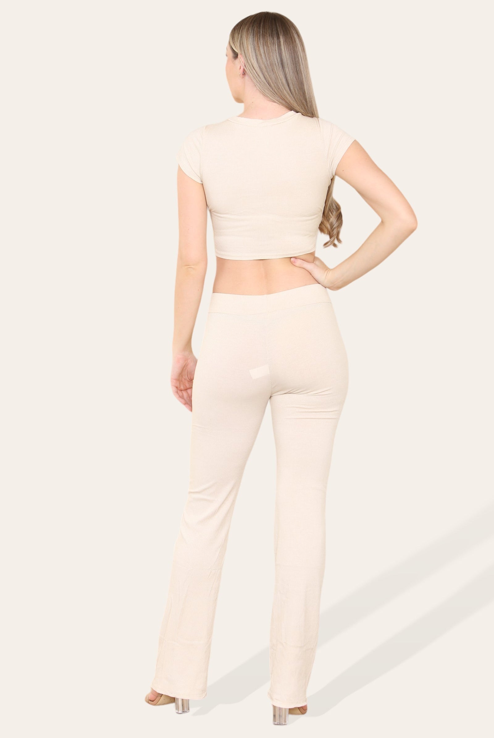Tie Belt Front Cropped Loungewear Ribbed Trousers Set Loungewear WearAll