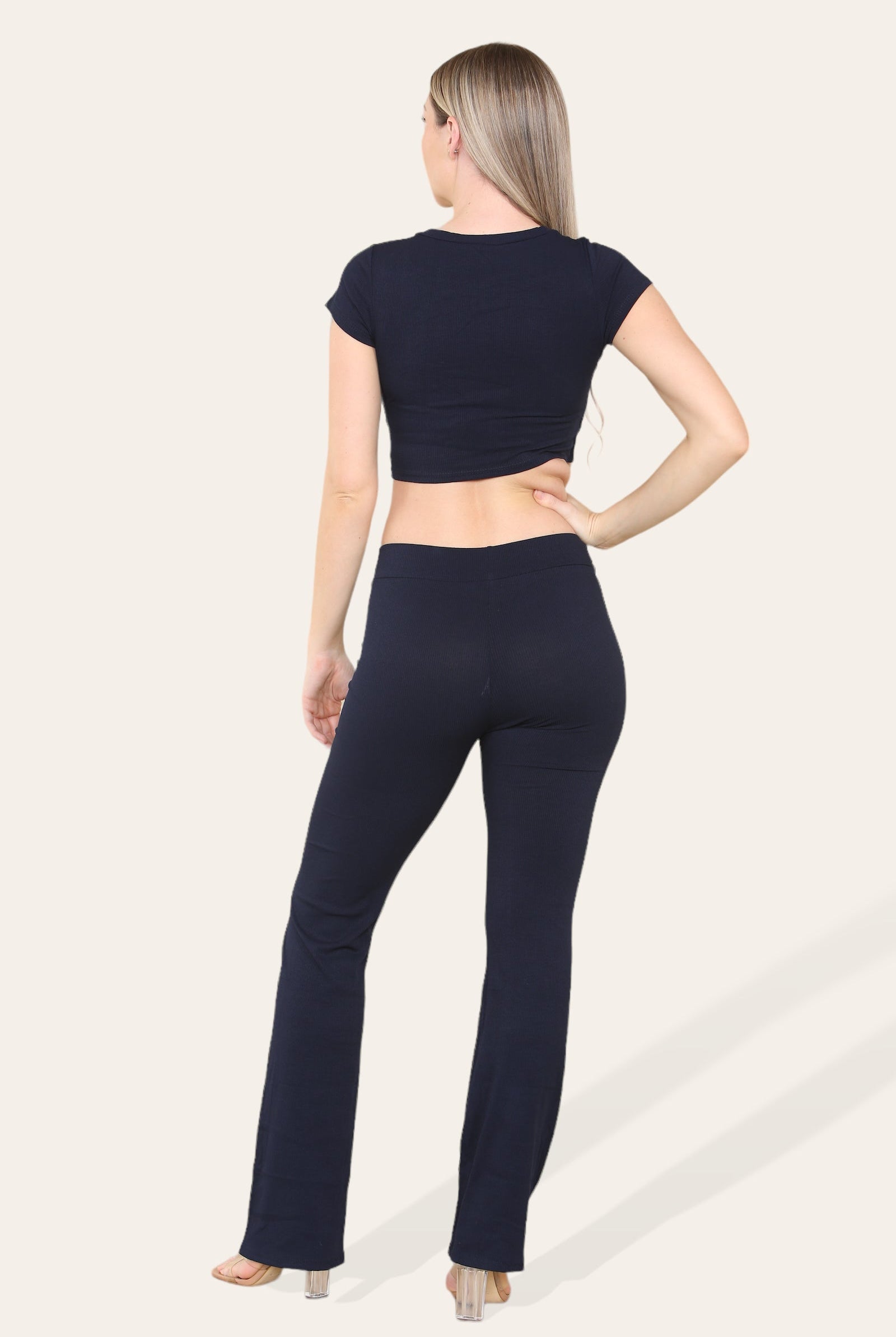 Tie Belt Front Cropped Loungewear Ribbed Trousers Set Loungewear WearAll