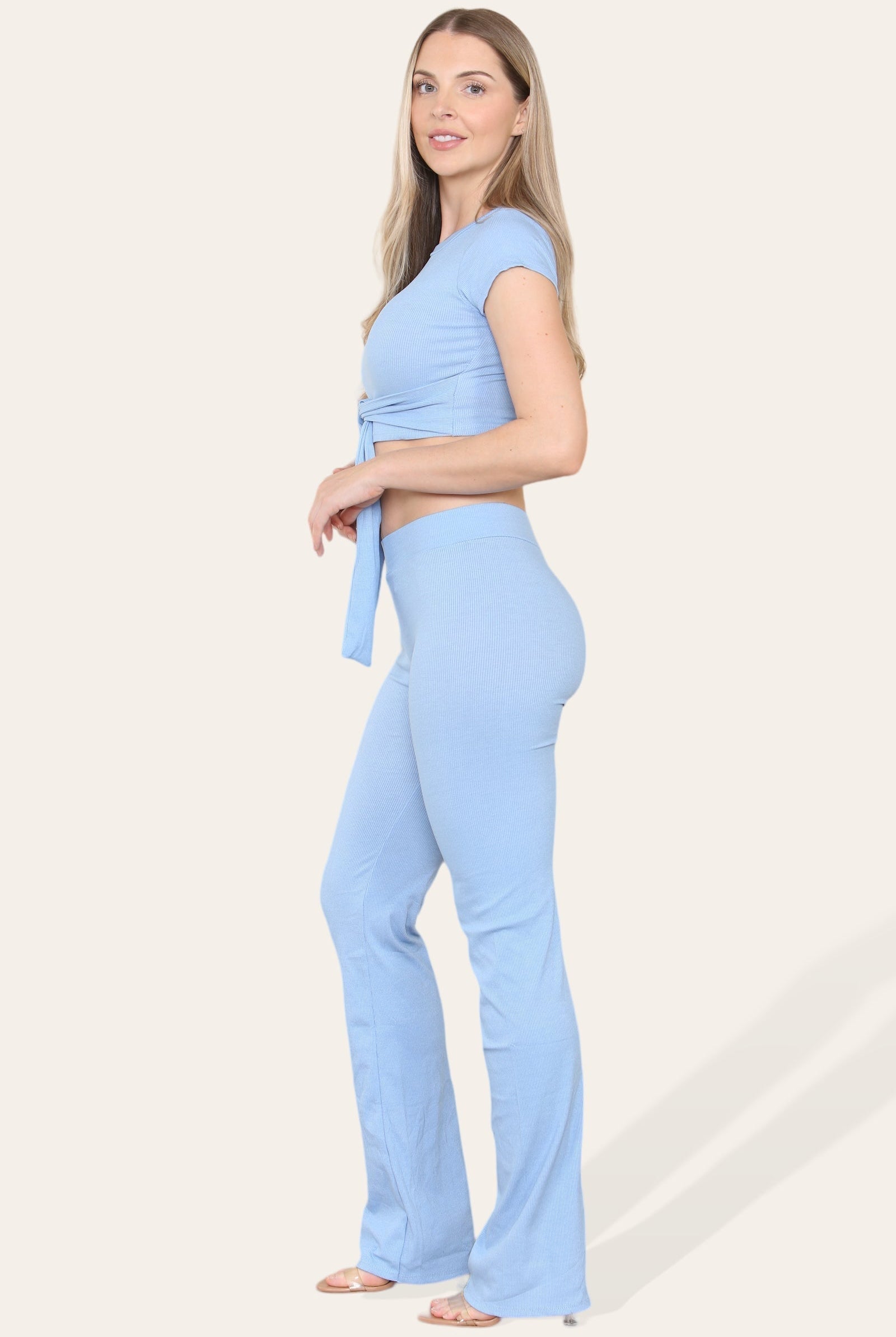 Tie Belt Front Cropped Loungewear Ribbed Trousers Set Loungewear WearAll