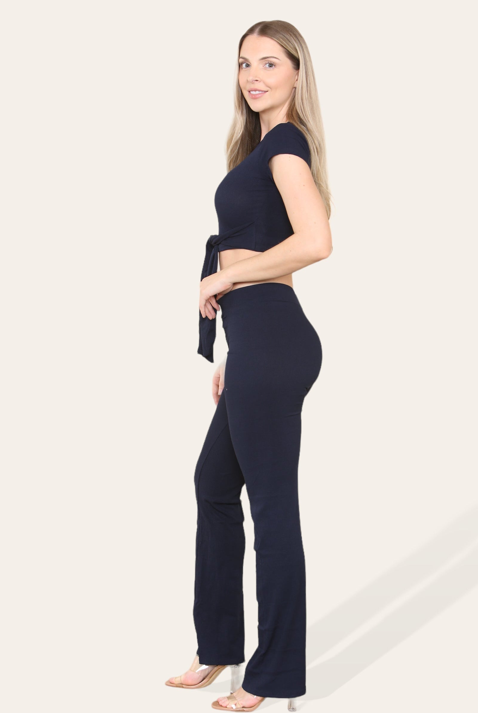 Tie Belt Front Cropped Loungewear Ribbed Trousers Set Loungewear WearAll