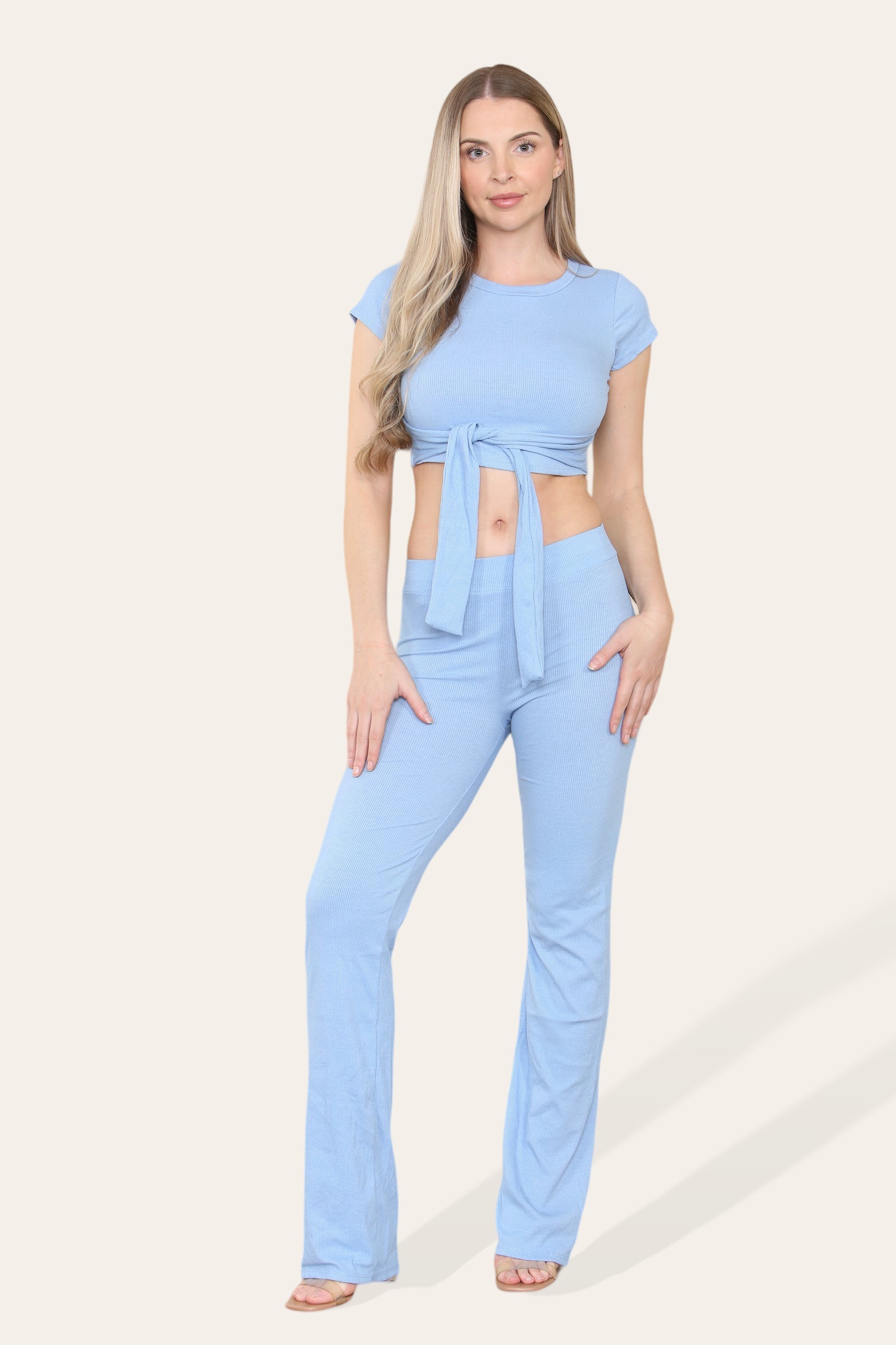 Tie Belt Front Cropped Loungewear Ribbed Trousers Set Loungewear WearAll Sky Blue 6-8 1