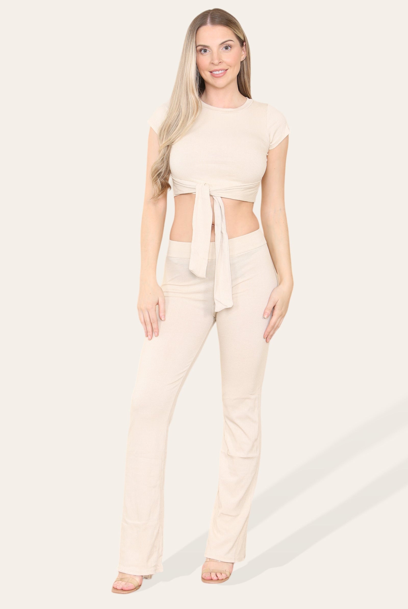 Tie Belt Front Cropped Loungewear Ribbed Trousers Set Loungewear WearAll Beige 6-8 1