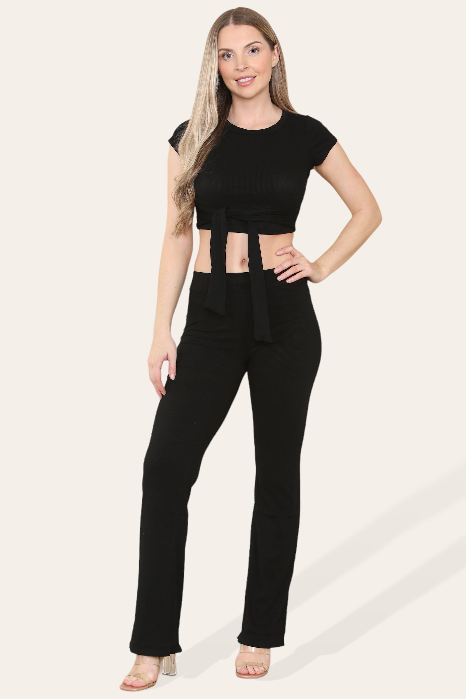 Tie Belt Front Cropped Loungewear Ribbed Trousers Set Loungewear WearAll