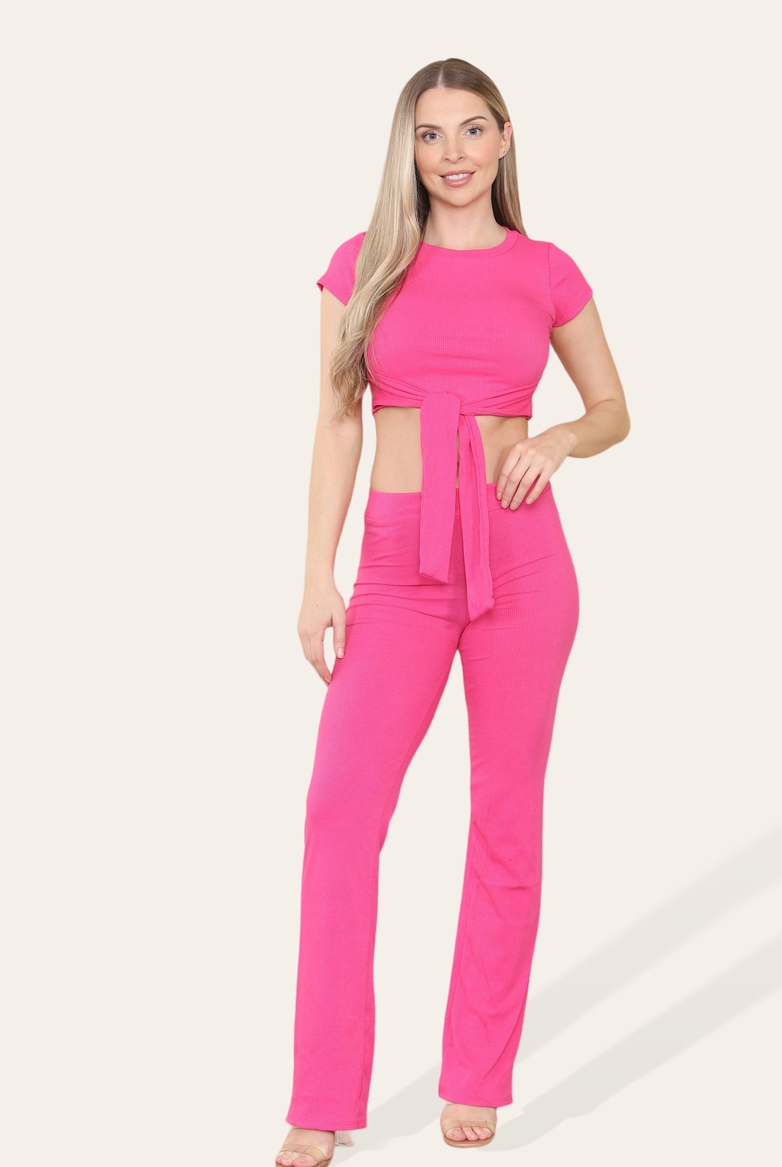 Tie Belt Front Cropped Loungewear Ribbed Trousers Set Loungewear WearAll Fuchsia 6-8 1