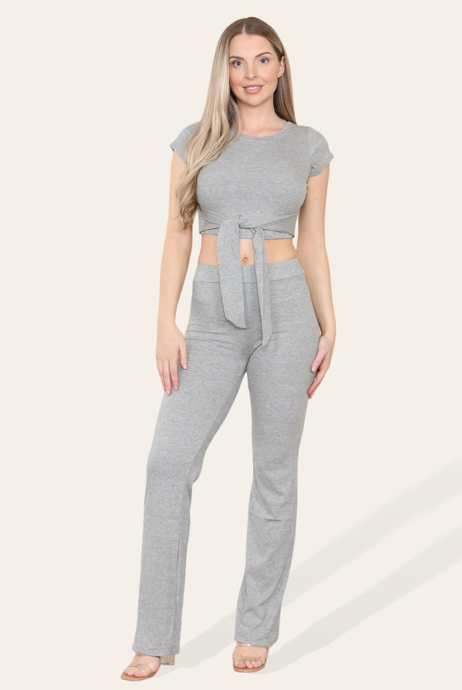 Tie Belt Front Cropped Loungewear Ribbed Trousers Set Loungewear WearAll Grey 6-8 1