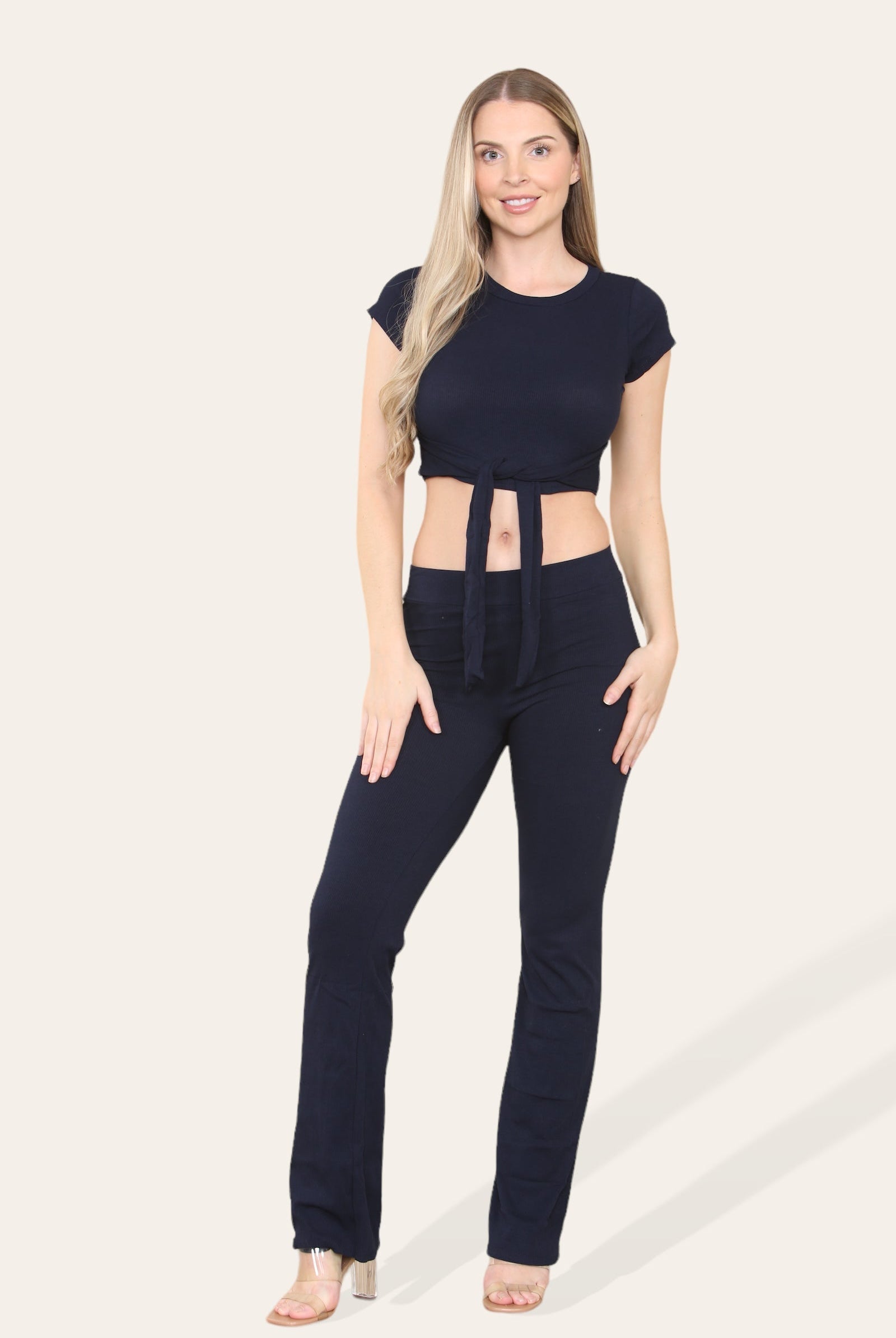 Tie Belt Front Cropped Loungewear Ribbed Trousers Set Loungewear WearAll Black 6-8 1