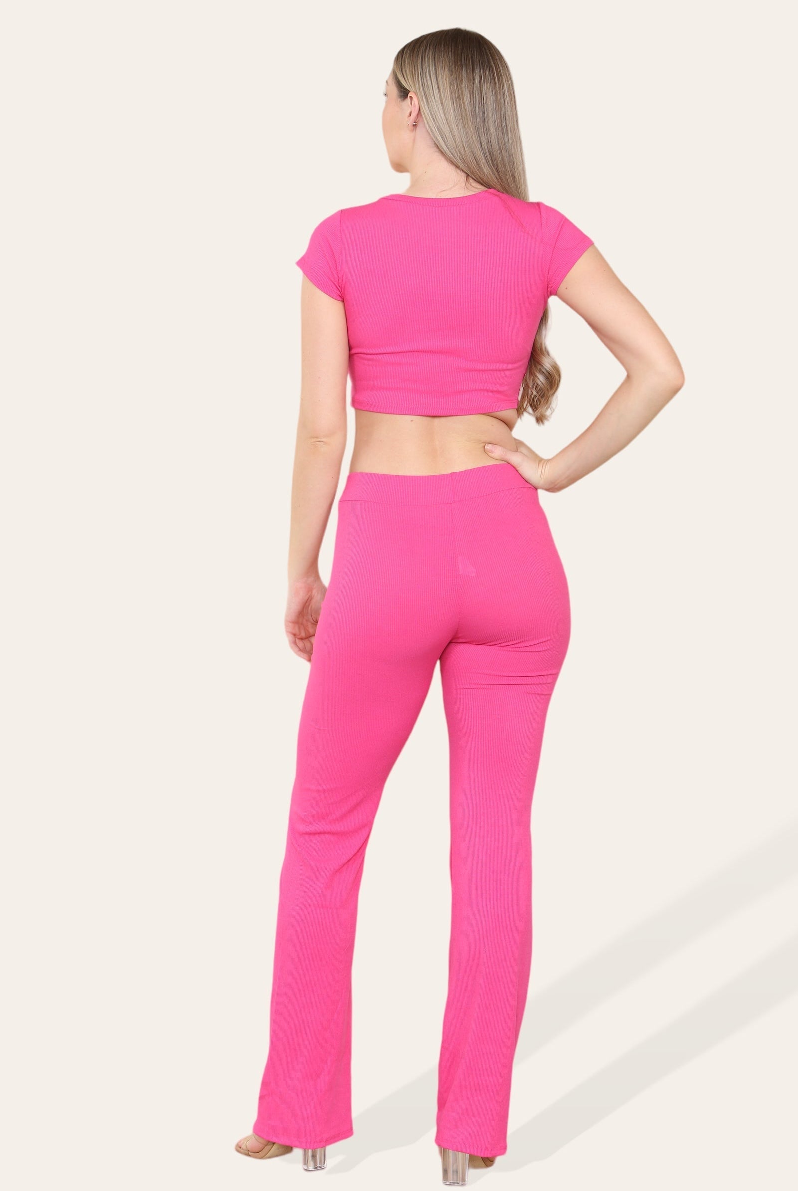 Tie Belt Front Cropped Loungewear Ribbed Trousers Set Loungewear WearAll