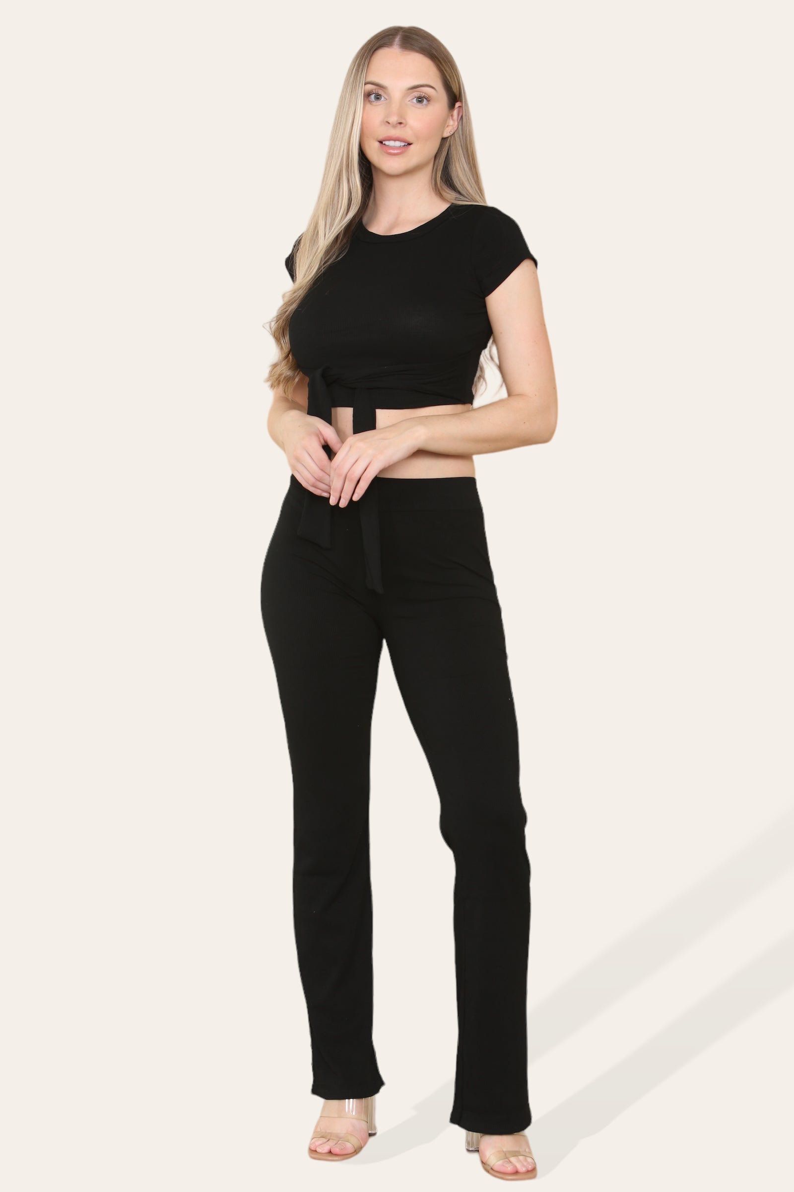 Tie Belt Front Cropped Loungewear Ribbed Trousers Set Loungewear WearAll