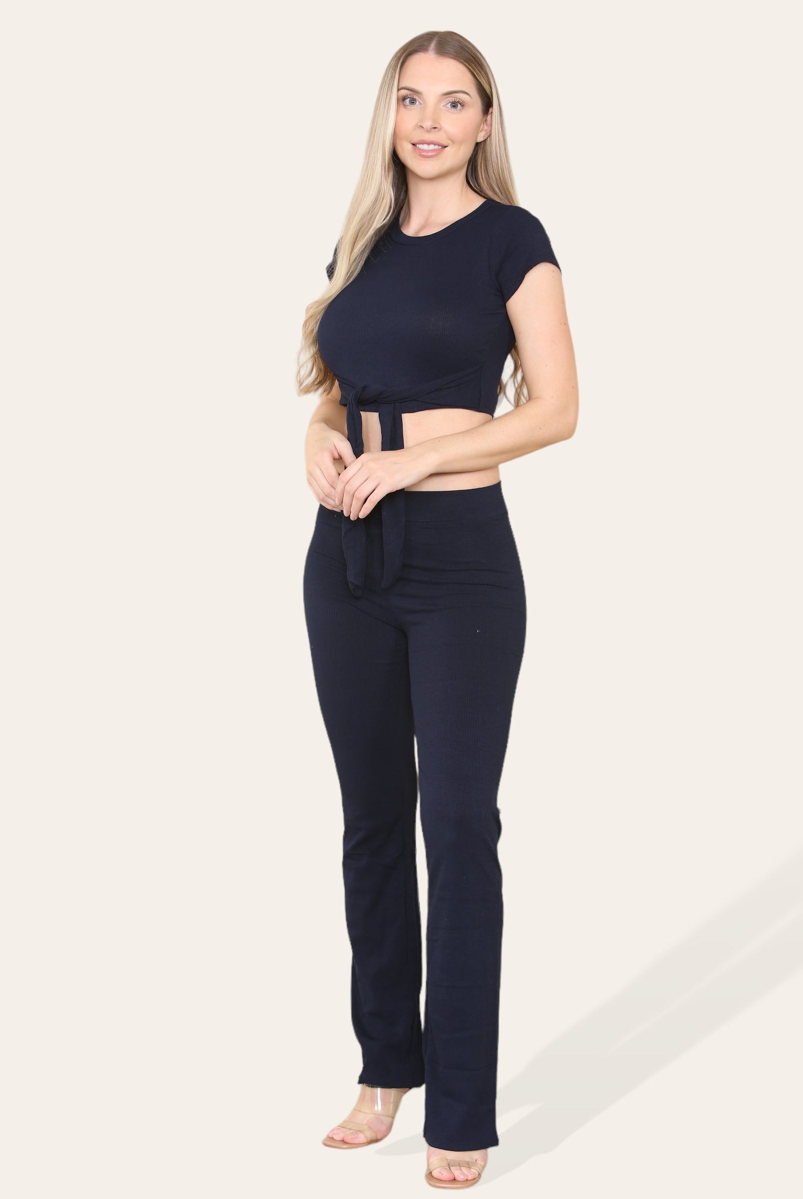 Tie Belt Front Cropped Loungewear Ribbed Trousers Set Loungewear WearAll