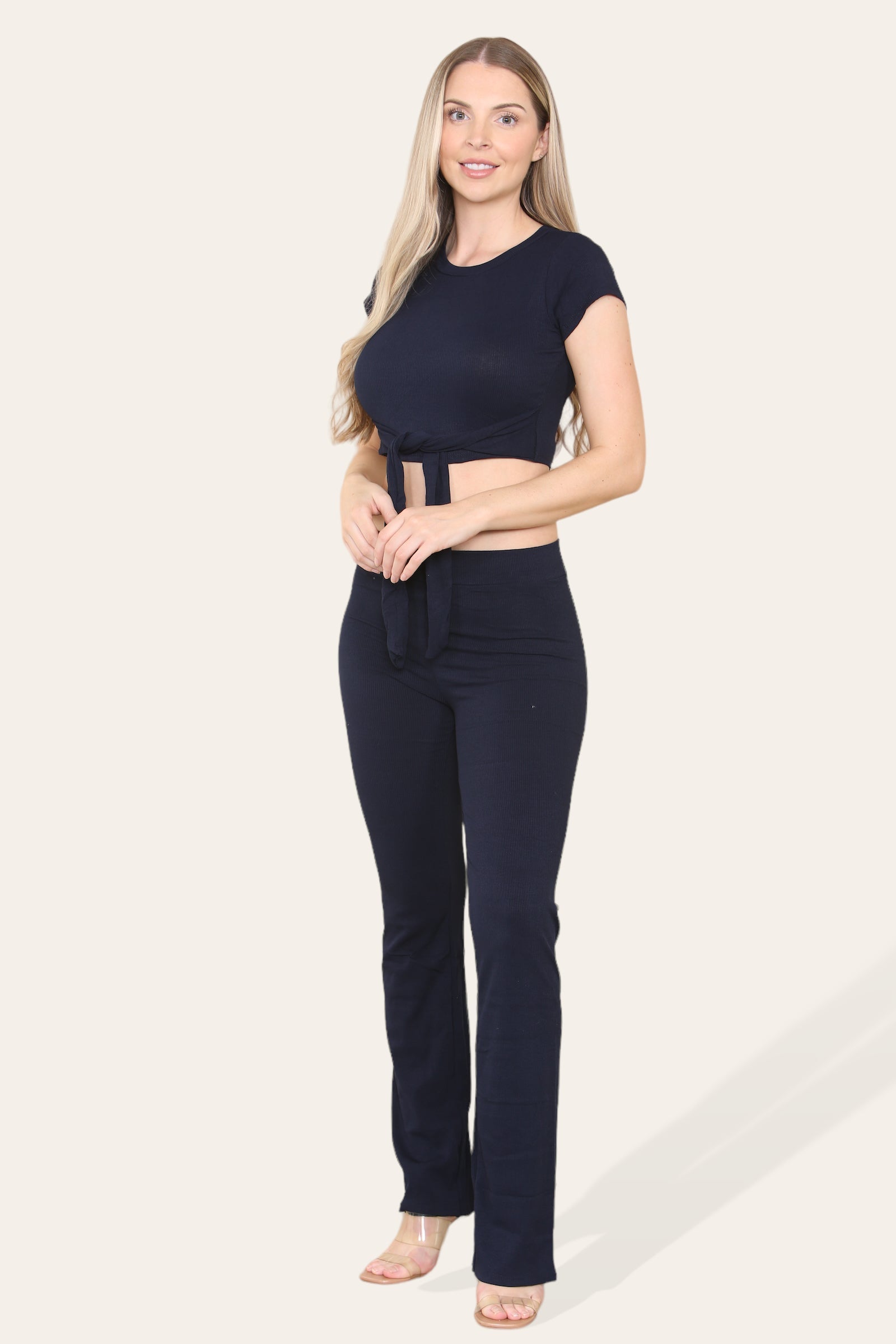 Tie Belt Front Cropped Loungewear Ribbed Trousers Set Loungewear WearAll