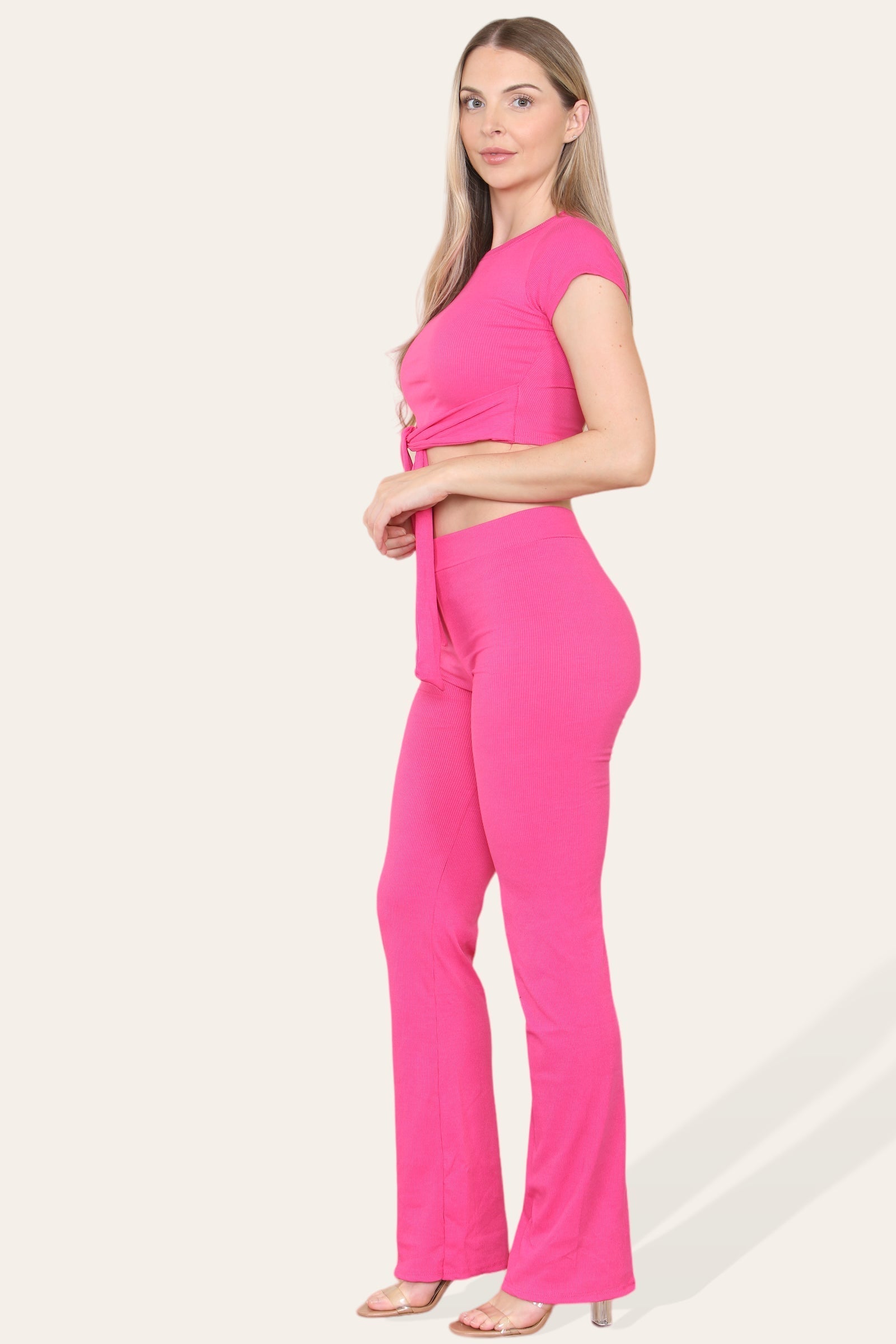 Tie Belt Front Cropped Loungewear Ribbed Trousers Set Loungewear WearAll