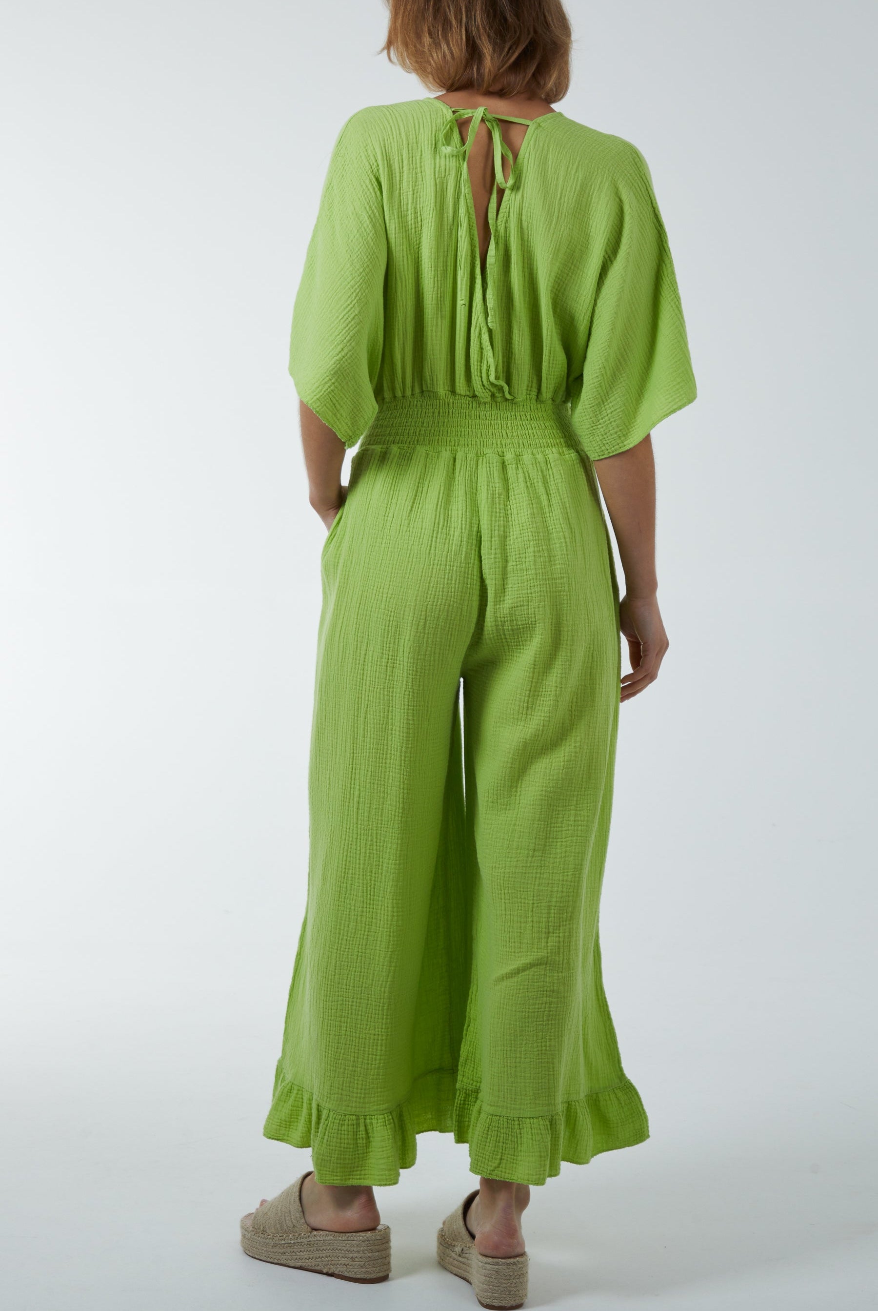 Double V-Neck Frilled Jumpsuit Jumpsuits WearAll
