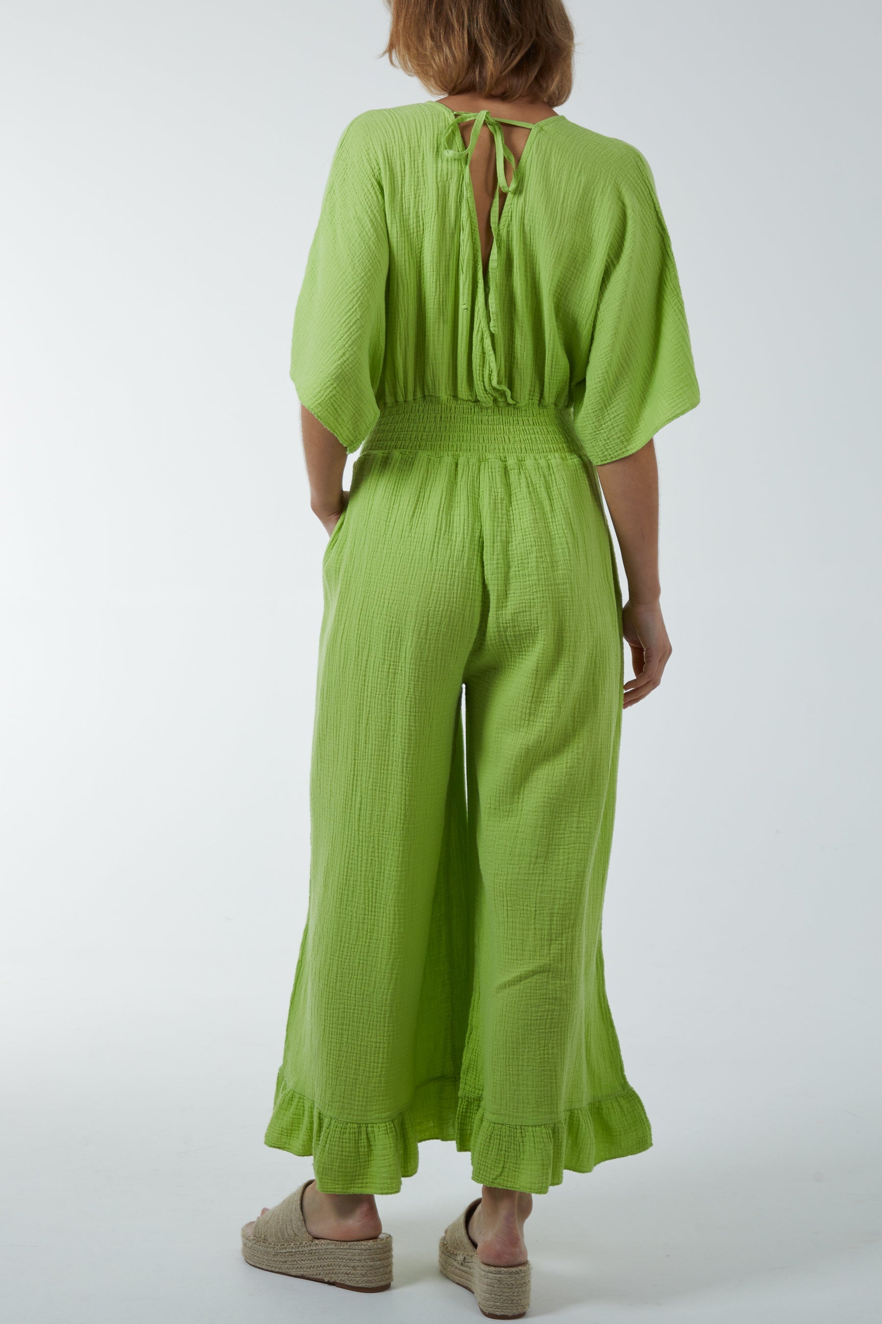 Double V-Neck Frilled Jumpsuit Jumpsuits WearAll