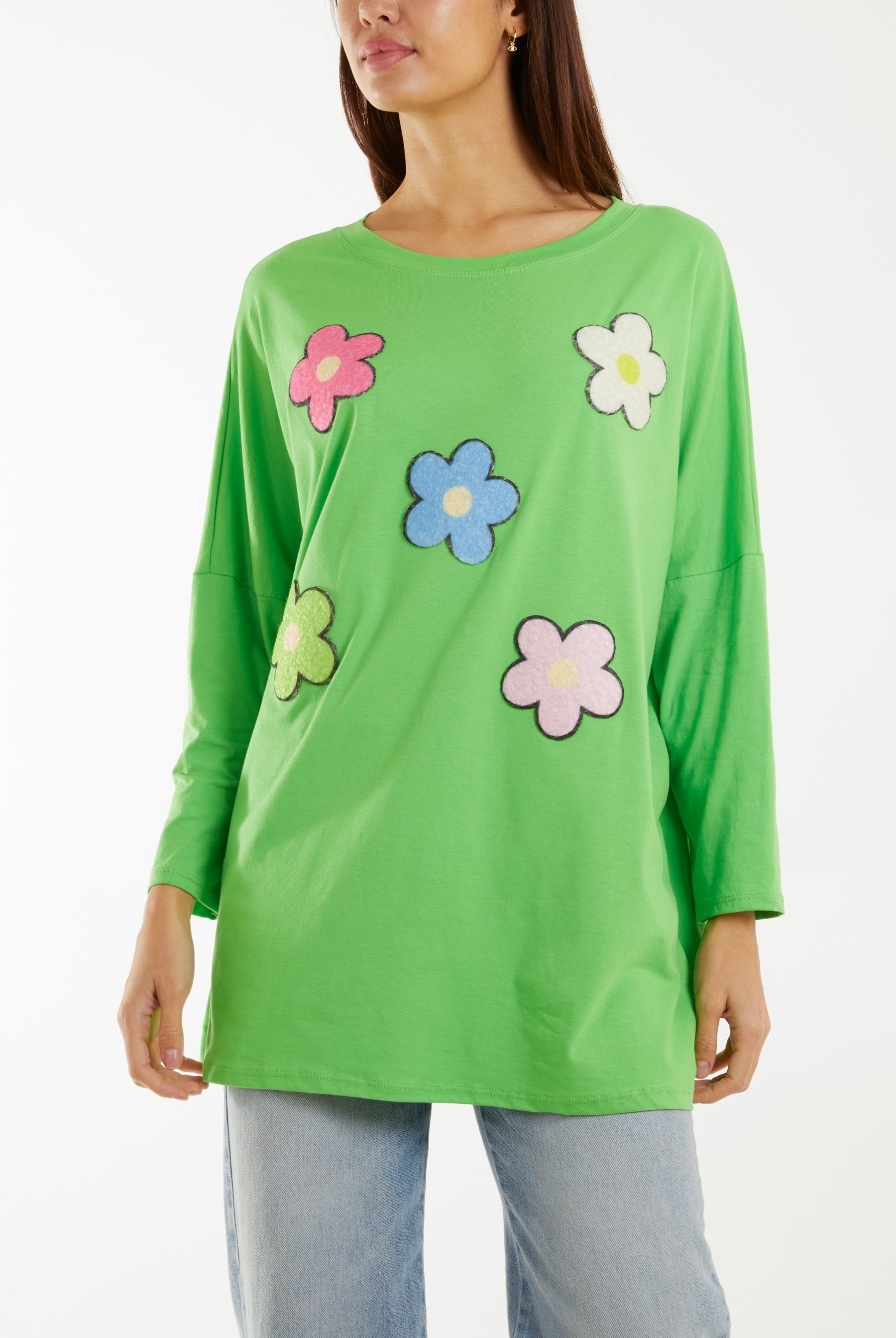 Multicolour Fluffy Daisy Long Sleeve Top T-shirts WearAll Apple Green One Size