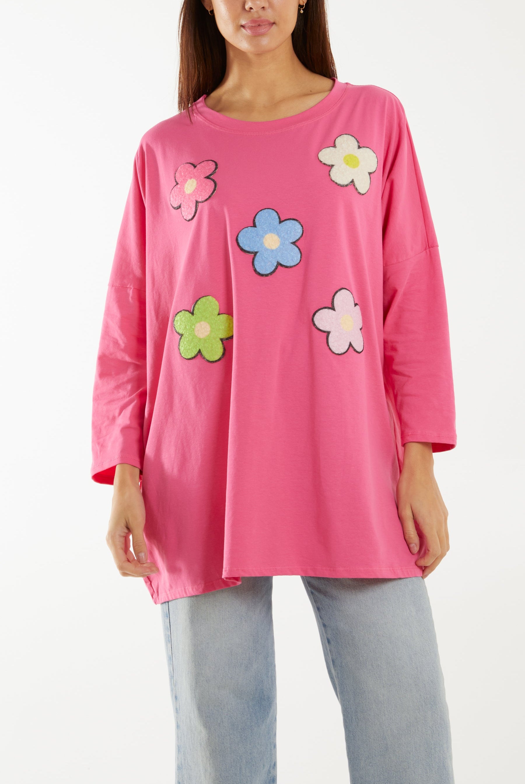Multicolour Fluffy Daisy Long Sleeve Top T-shirts WearAll Hot Pink One Size