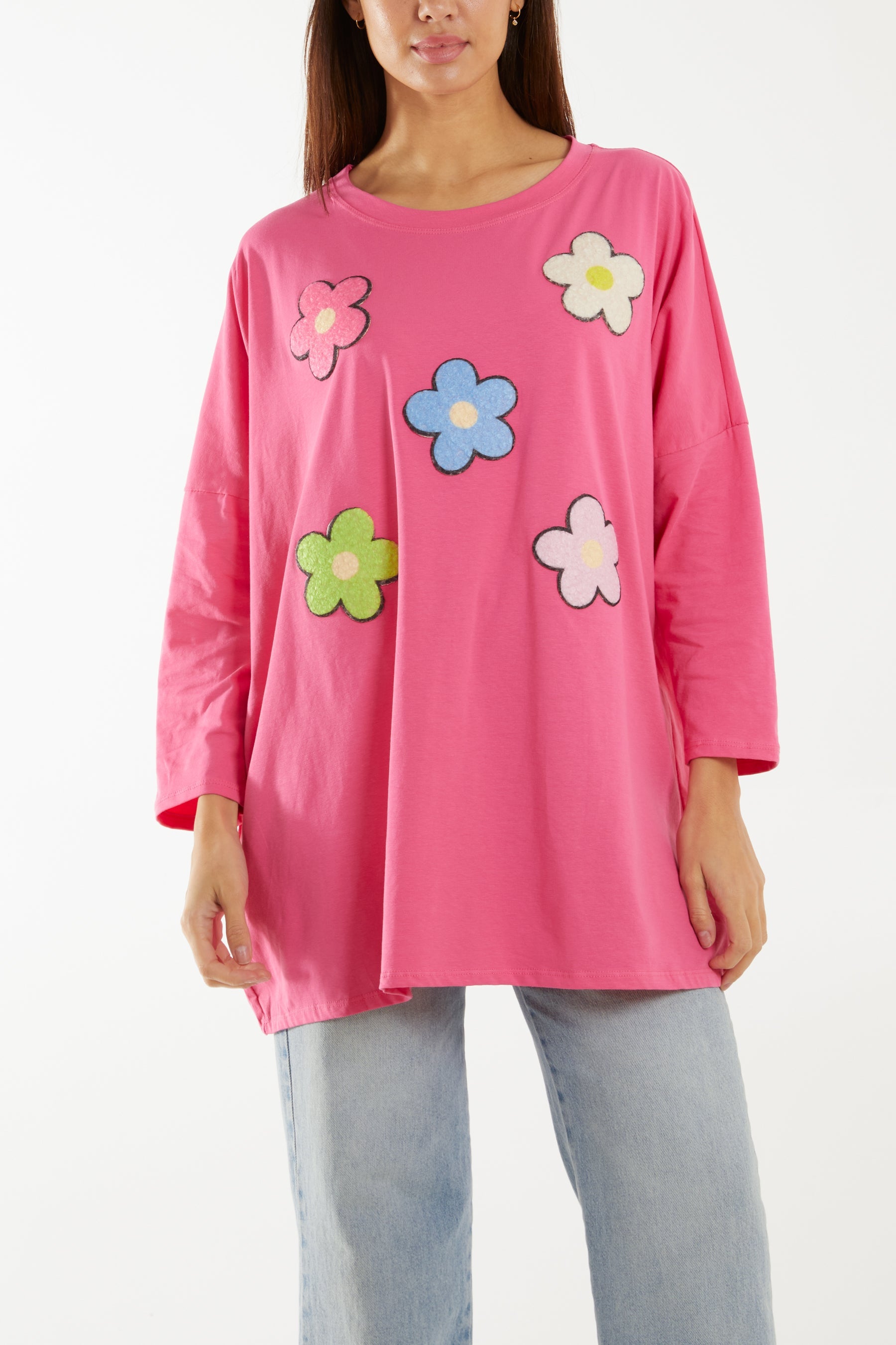 Multicolour Fluffy Daisy Long Sleeve Top T-shirts WearAll Hot Pink One Size