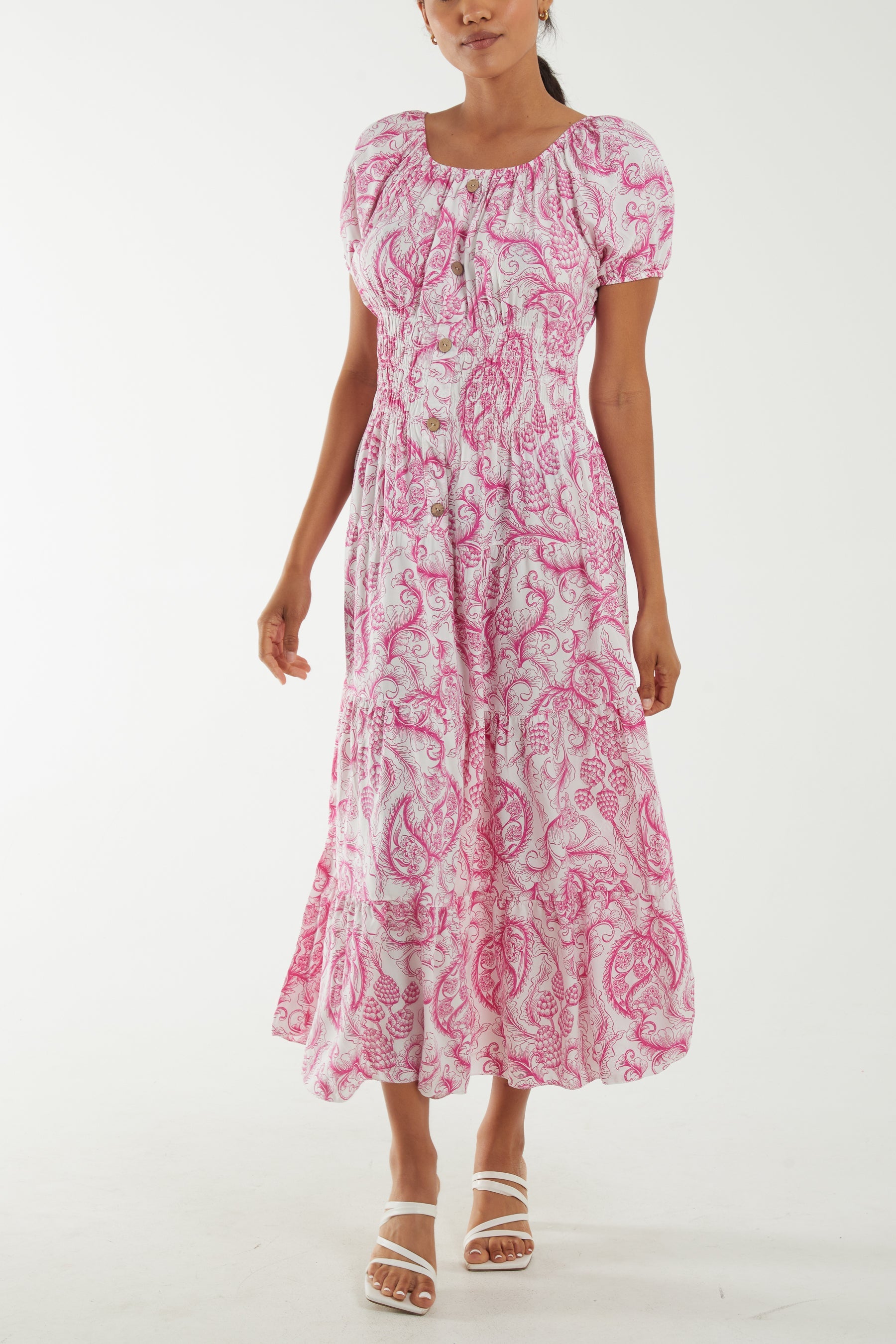 Paisley Bardot Shirred Bodice Midi Dress Dresses WearAll Hot Pink One Size