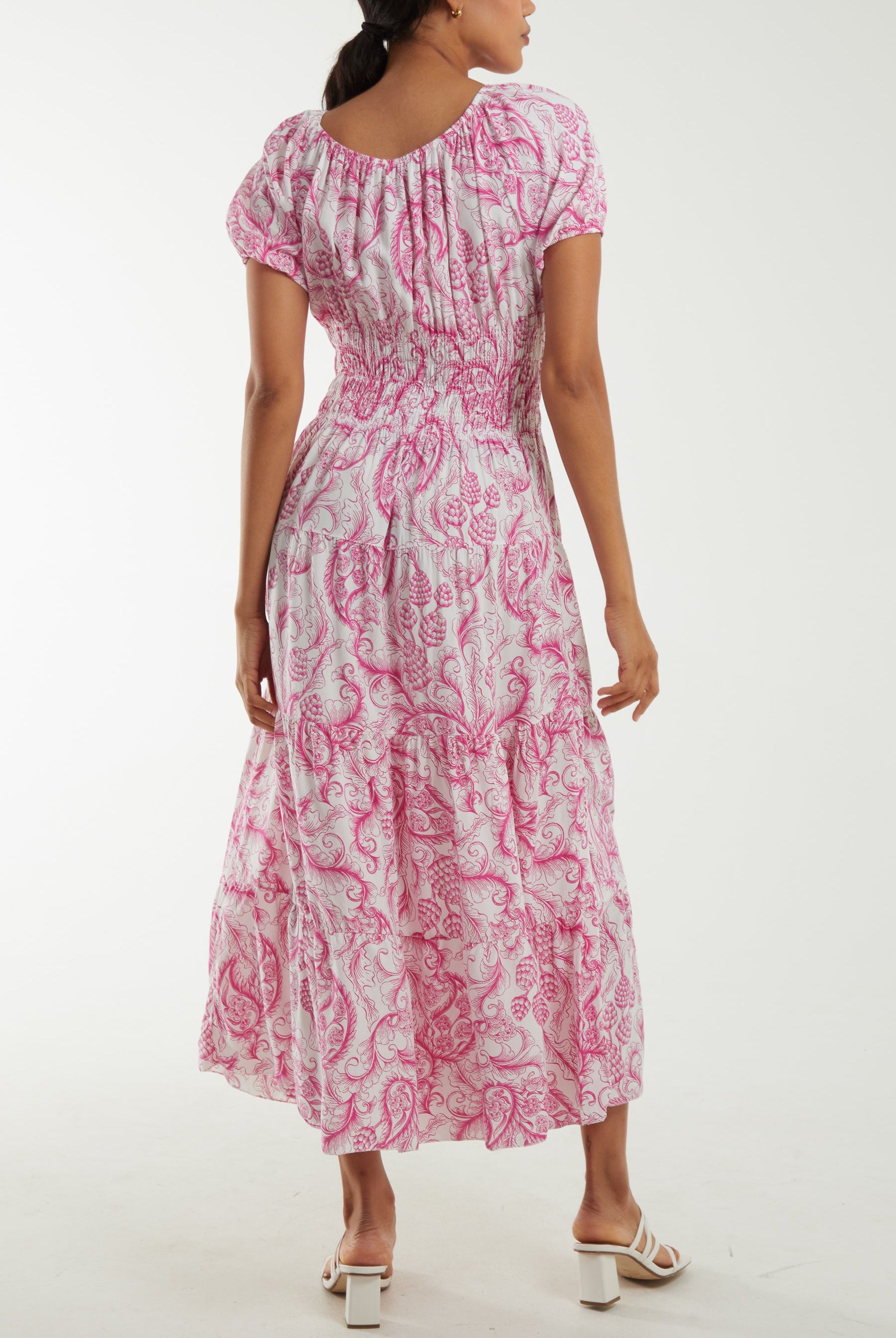 Paisley Bardot Shirred Bodice Midi Dress Dresses WearAll