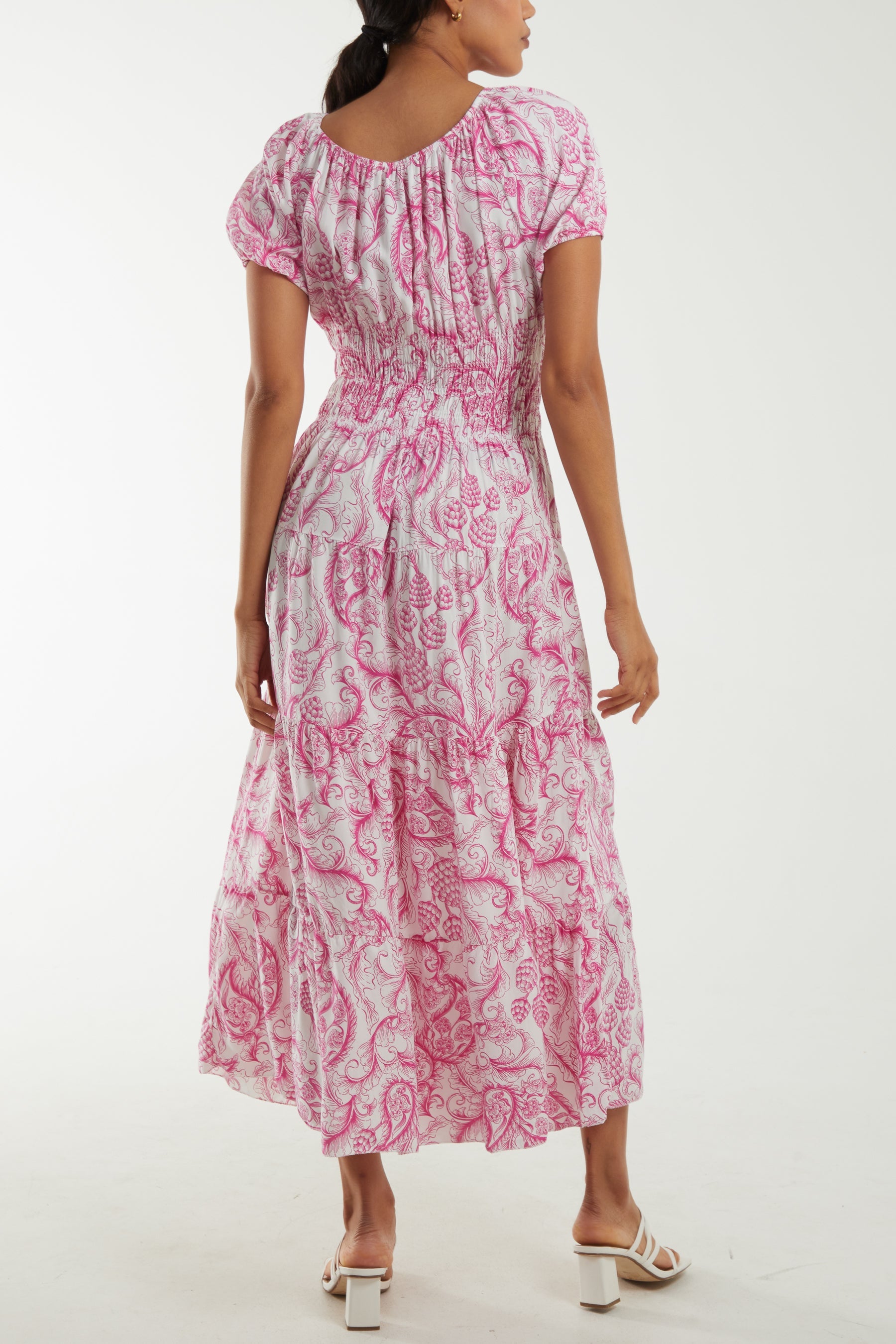 Paisley Bardot Shirred Bodice Midi Dress Dresses WearAll