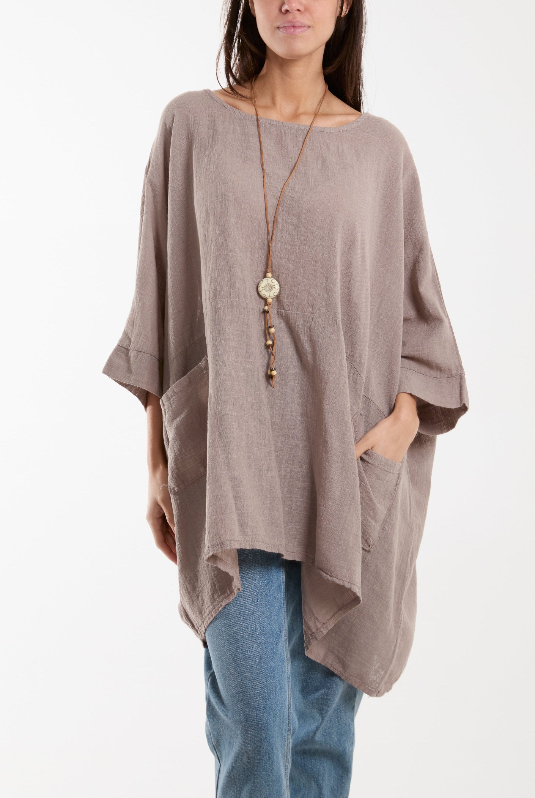 Cotton Mix Necklace Pockets Top Tops WearAll Mocha One Size