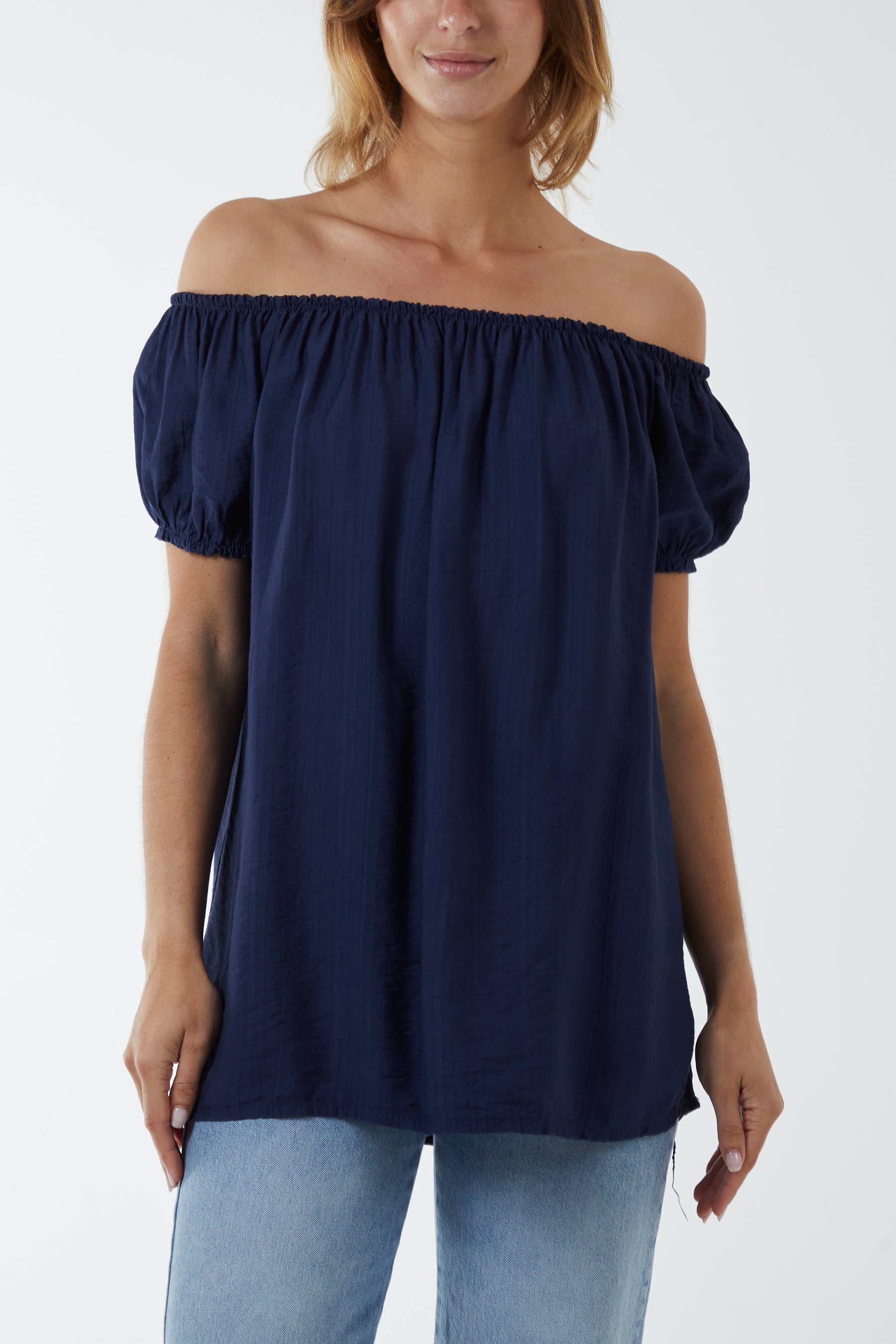 Short Sleeve Bardot Top Tops WearAll Navy One Size