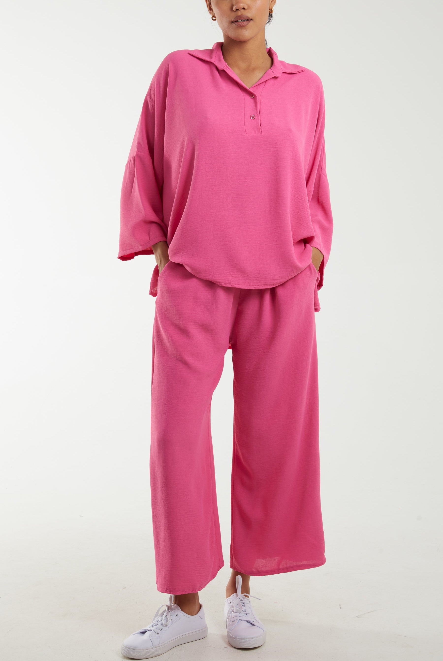 Long Sleeve Shirt & Culottes Co-Ord Set Co-Ords WearAll Hot Pink One Size