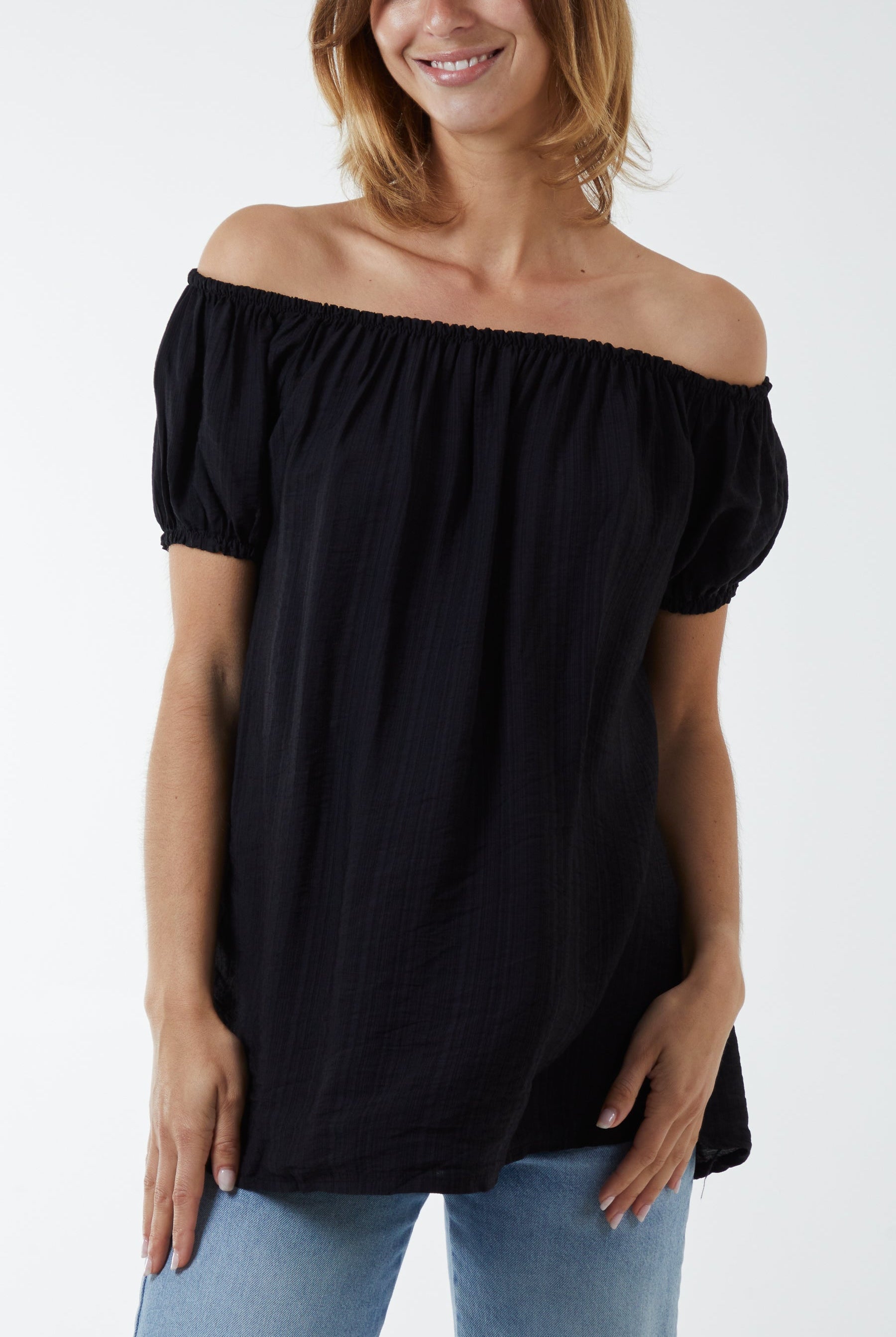 Short Sleeve Bardot Top Tops WearAll Black One Size